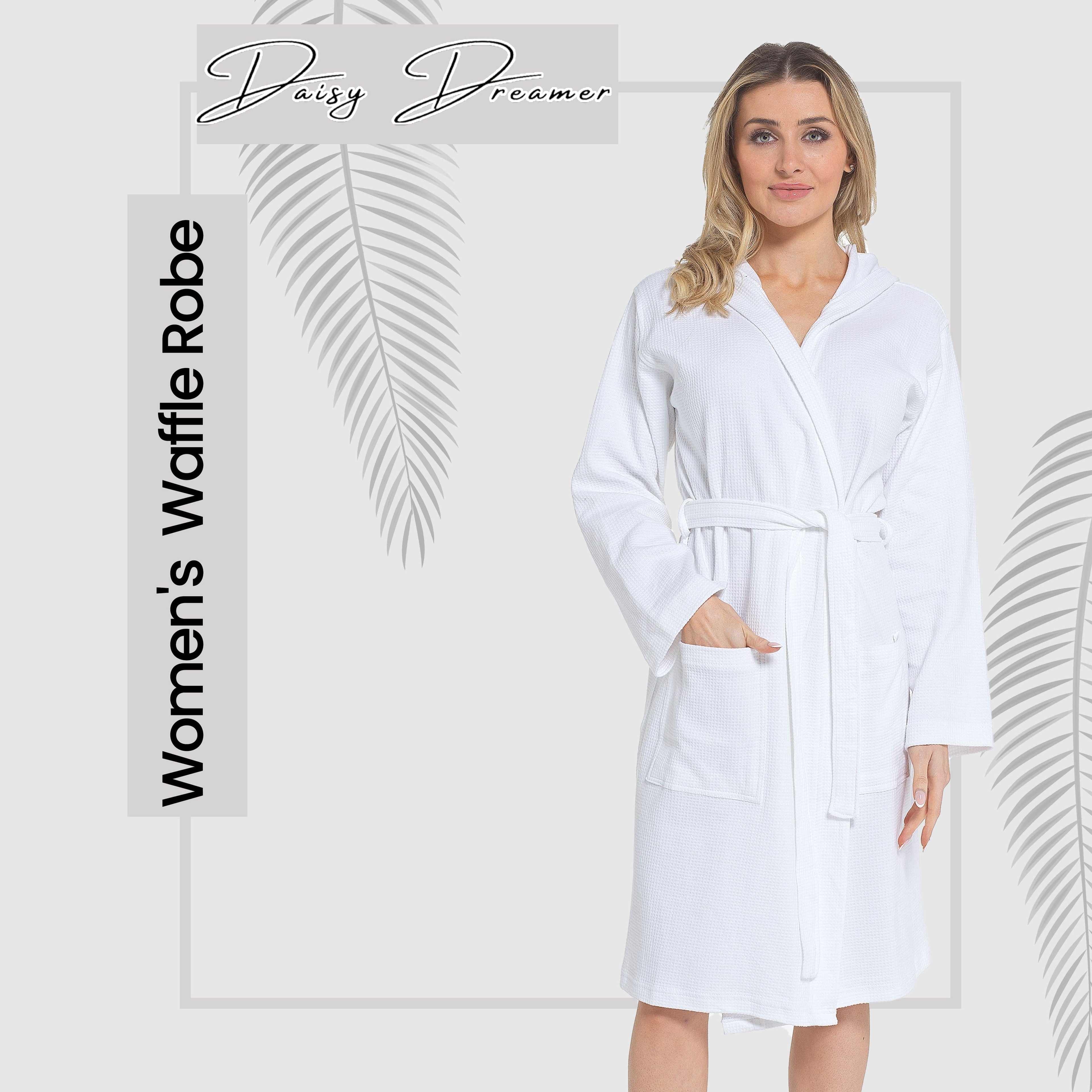 OLIVIA ROCCO Women's Hooded Waffle Cotton Bathrobe – White Spa Robe