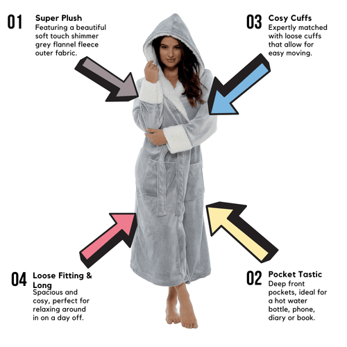 OLIVIA ROCCO Women's Shimmer Fleece Hooded Dressing Gown – Grey Robe