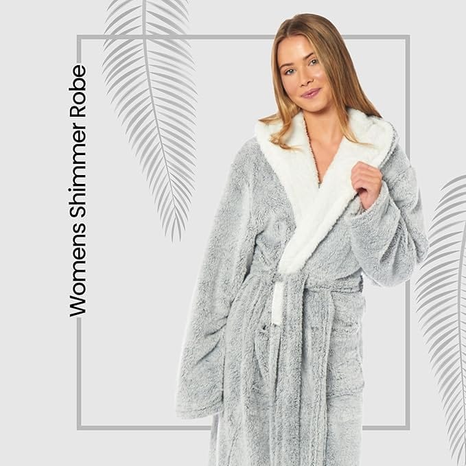 OLIVIA ROCCO Womens Shimmer Fleece Hooded Dressing Gown – Soft Plush Robe
