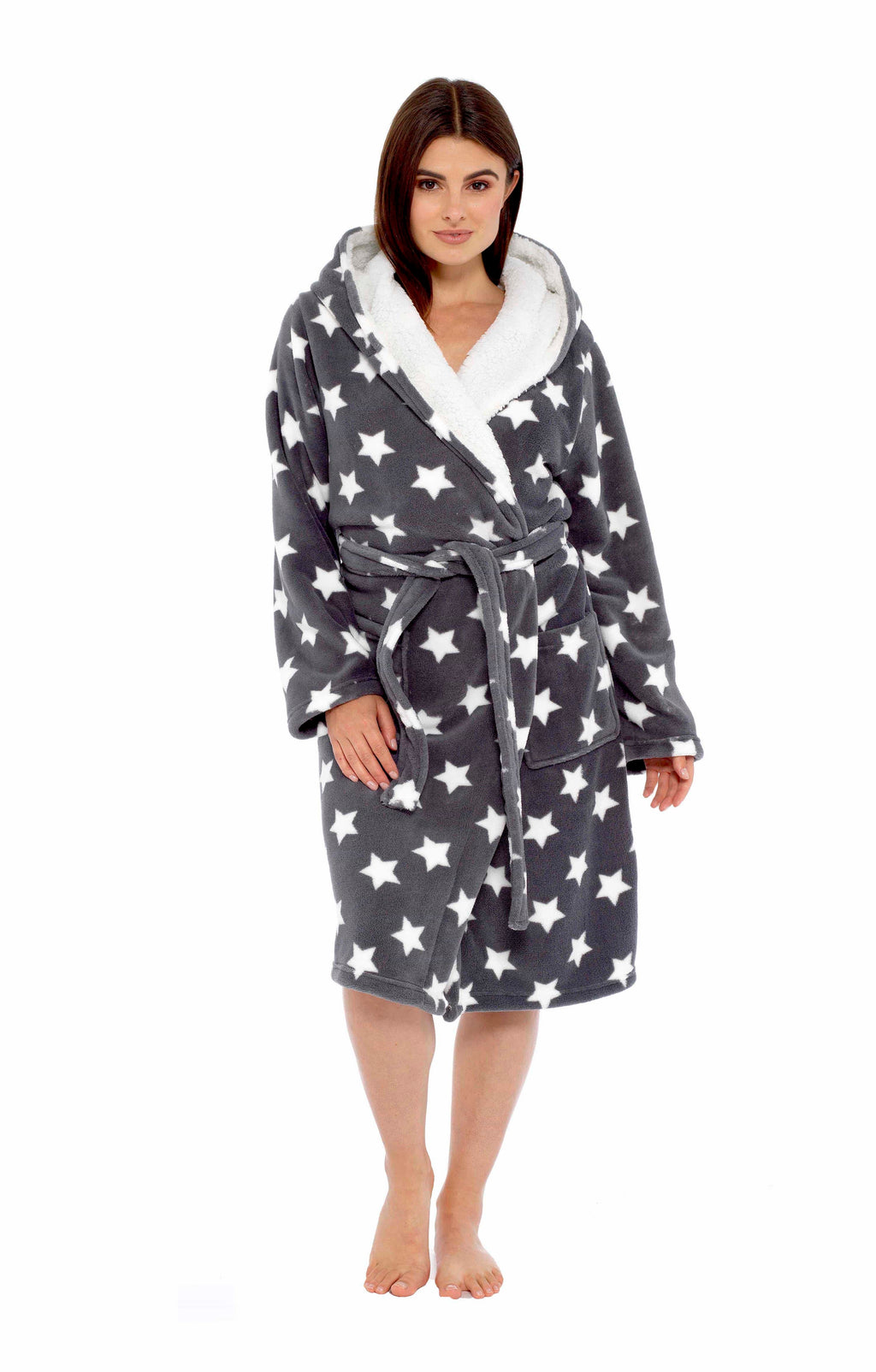 OLIVIA ROCCO Women's Star Grey Plush Fleece Sherpa Lined Hooded Robe