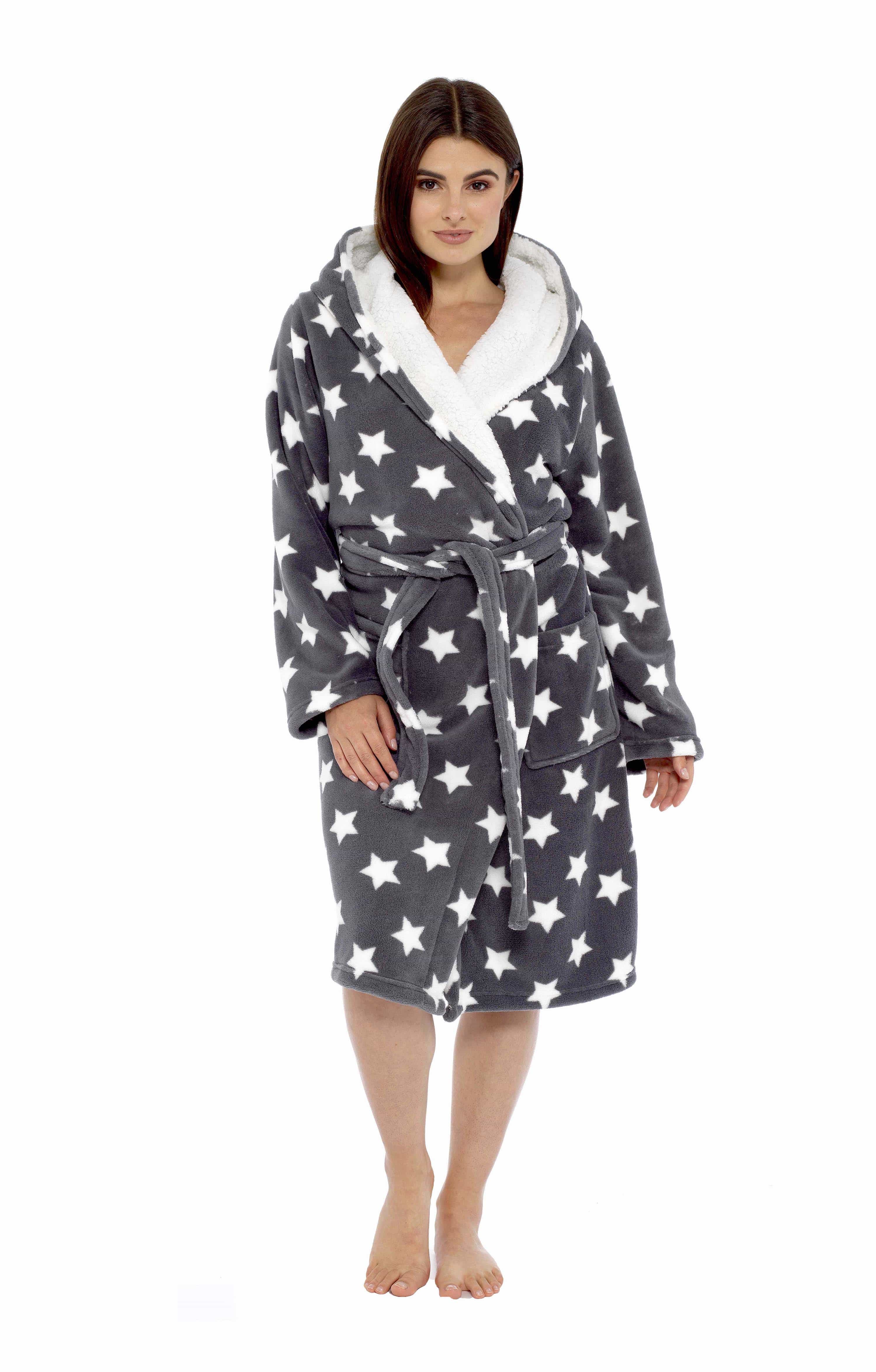 OLIVIA ROCCO Women's Star Grey Plush Fleece Sherpa Lined Hooded Robe