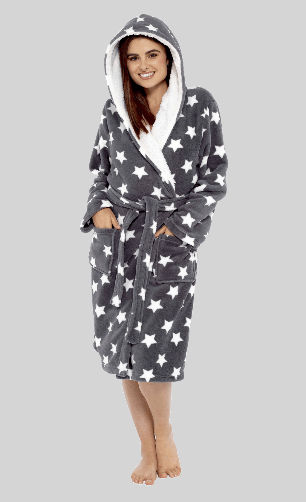 OLIVIA ROCCO Women's Star Grey Plush Fleece Sherpa Lined Hooded Robe