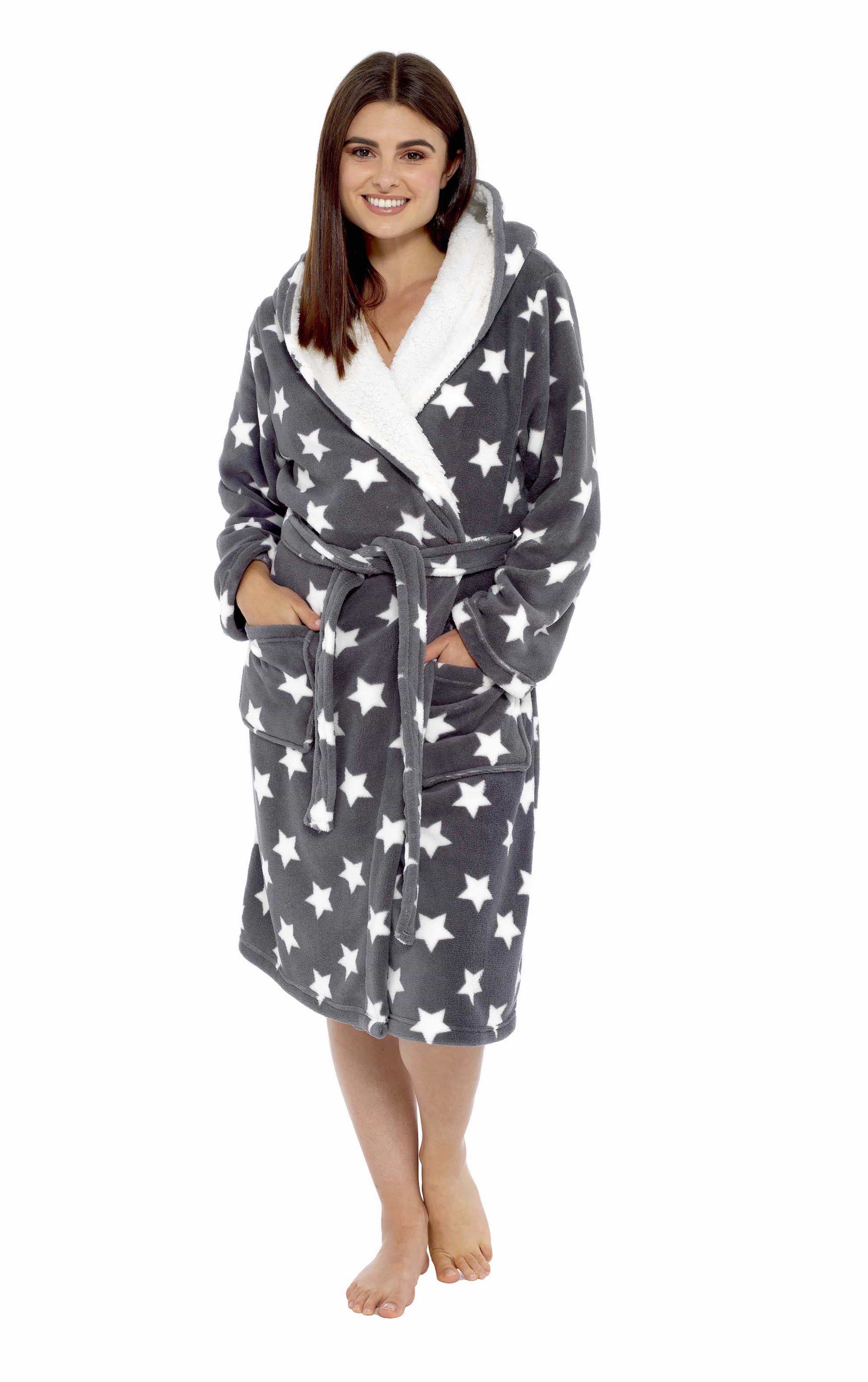 OLIVIA ROCCO Women's Star Grey Plush Fleece Sherpa Lined Hooded Robe