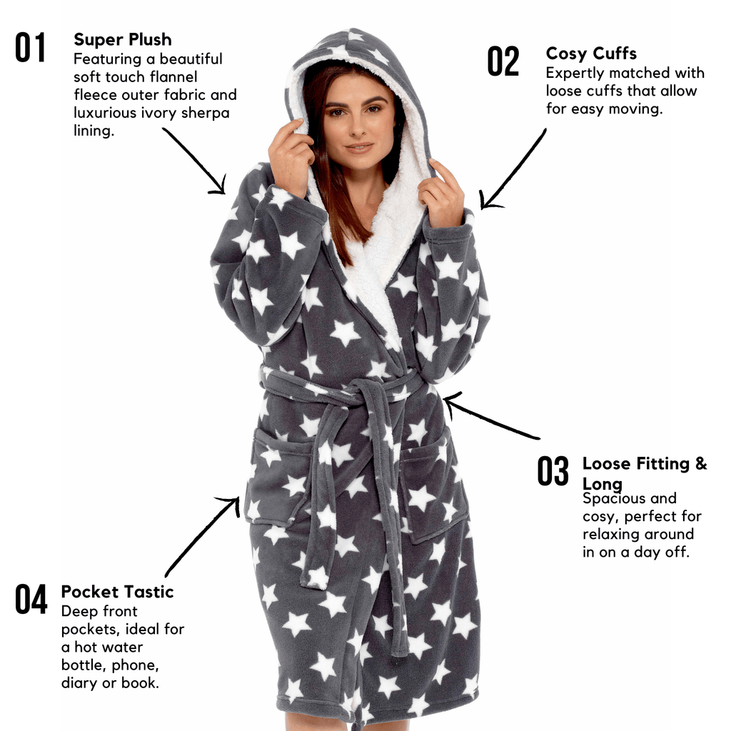 OLIVIA ROCCO Women's Star Grey Plush Fleece Sherpa Lined Hooded Robe
