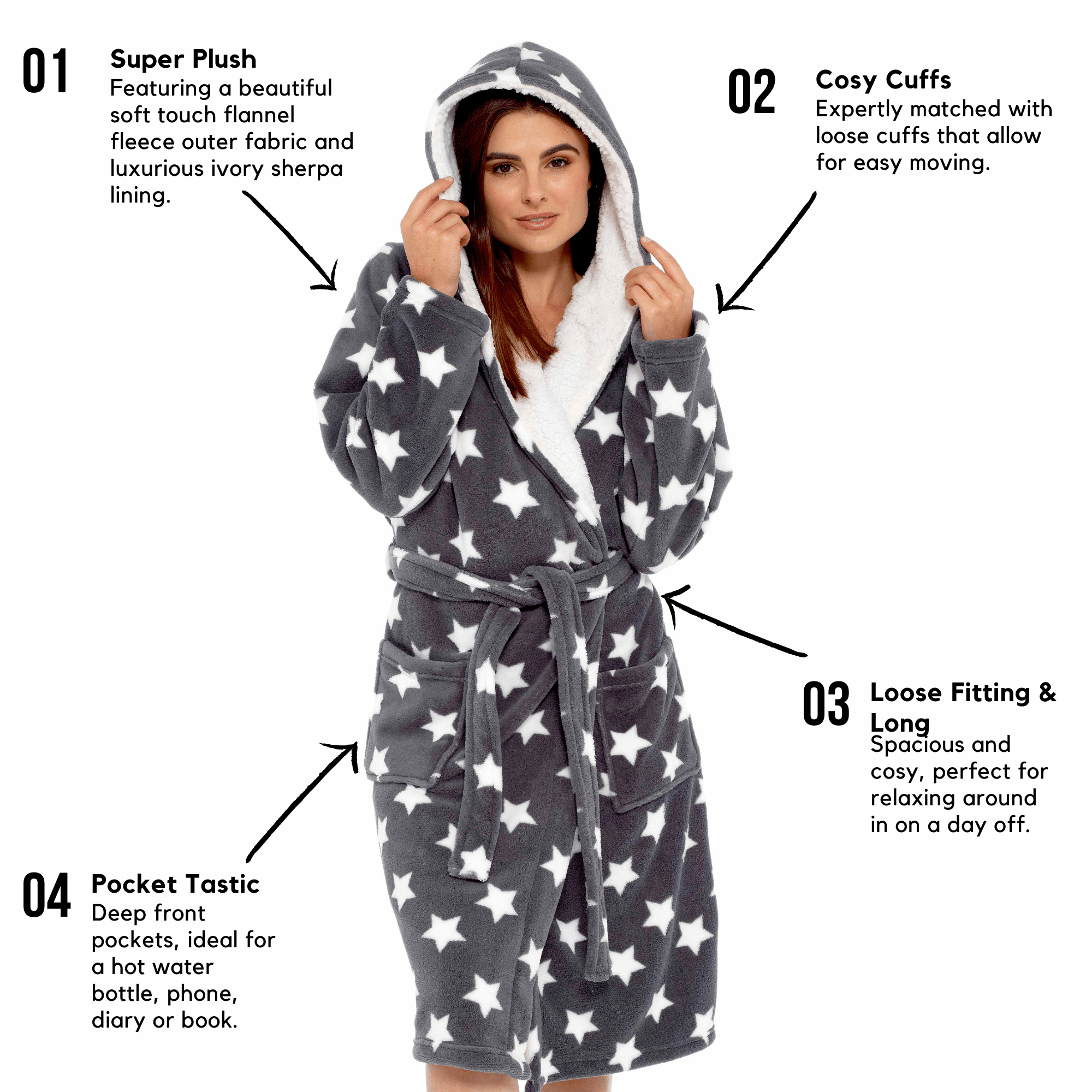 OLIVIA ROCCO Women's Star Grey Plush Fleece Sherpa Lined Hooded Robe
