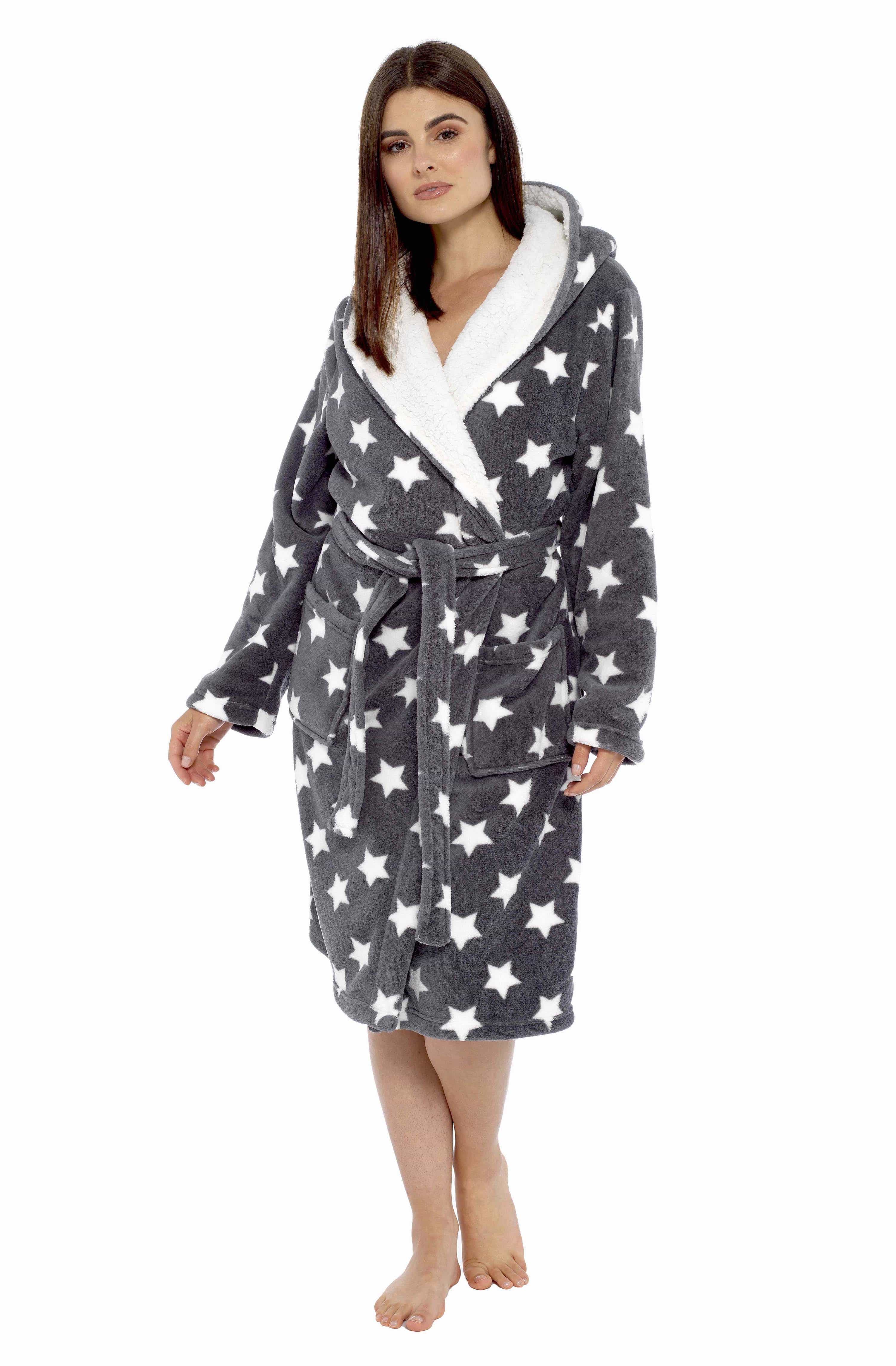 OLIVIA ROCCO Women's Star Grey Plush Fleece Sherpa Lined Hooded Robe