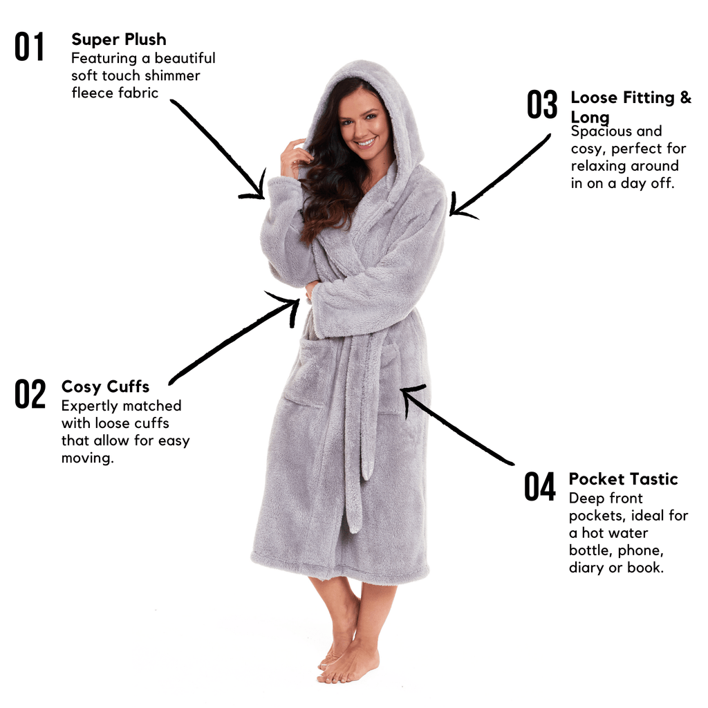 OLIVIA ROCCO Women's Hooded Dressing Gown – Grey Velvet Touch Fleece Robe
