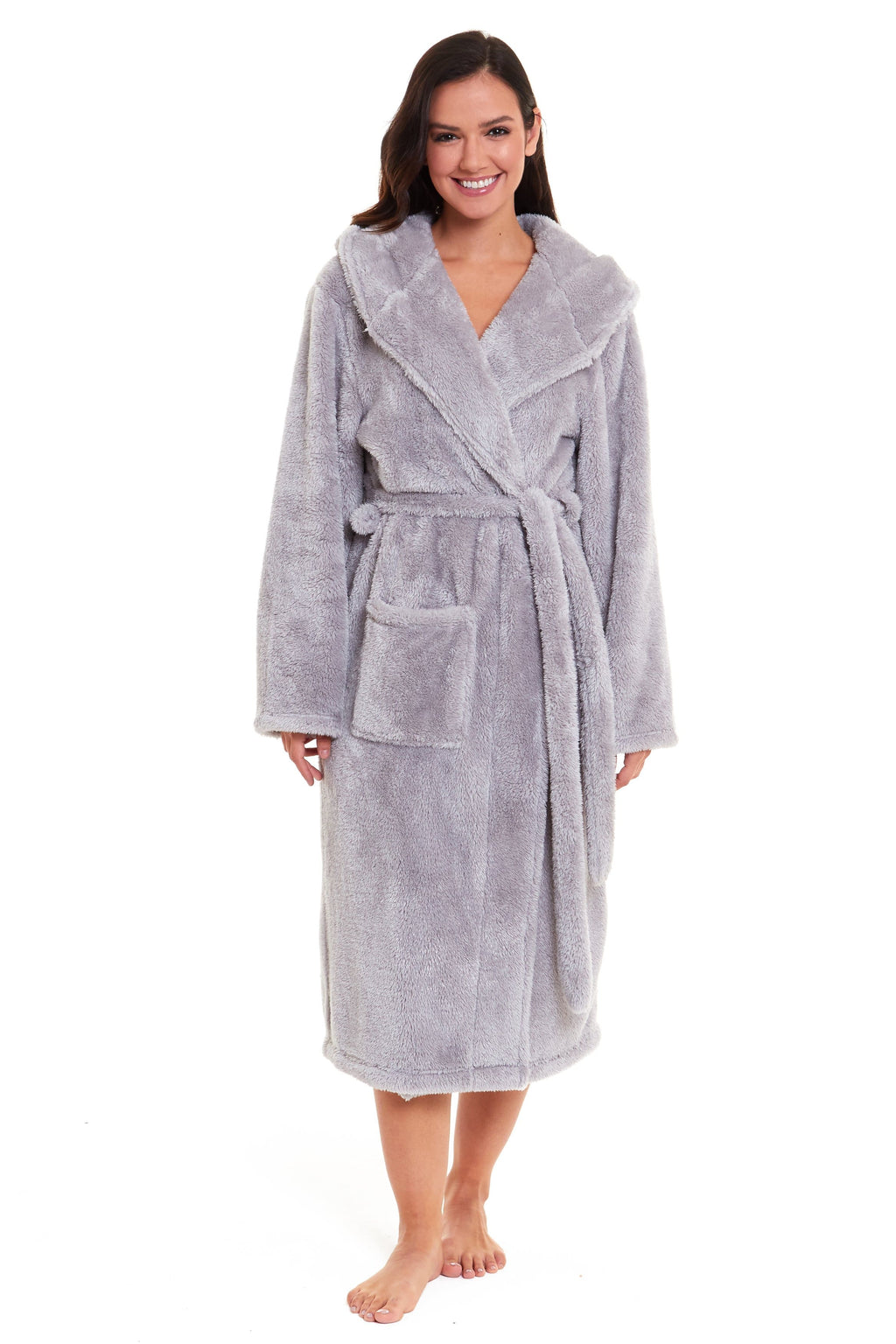 OLIVIA ROCCO Women's Hooded Dressing Gown – Grey Velvet Touch Fleece Robe
