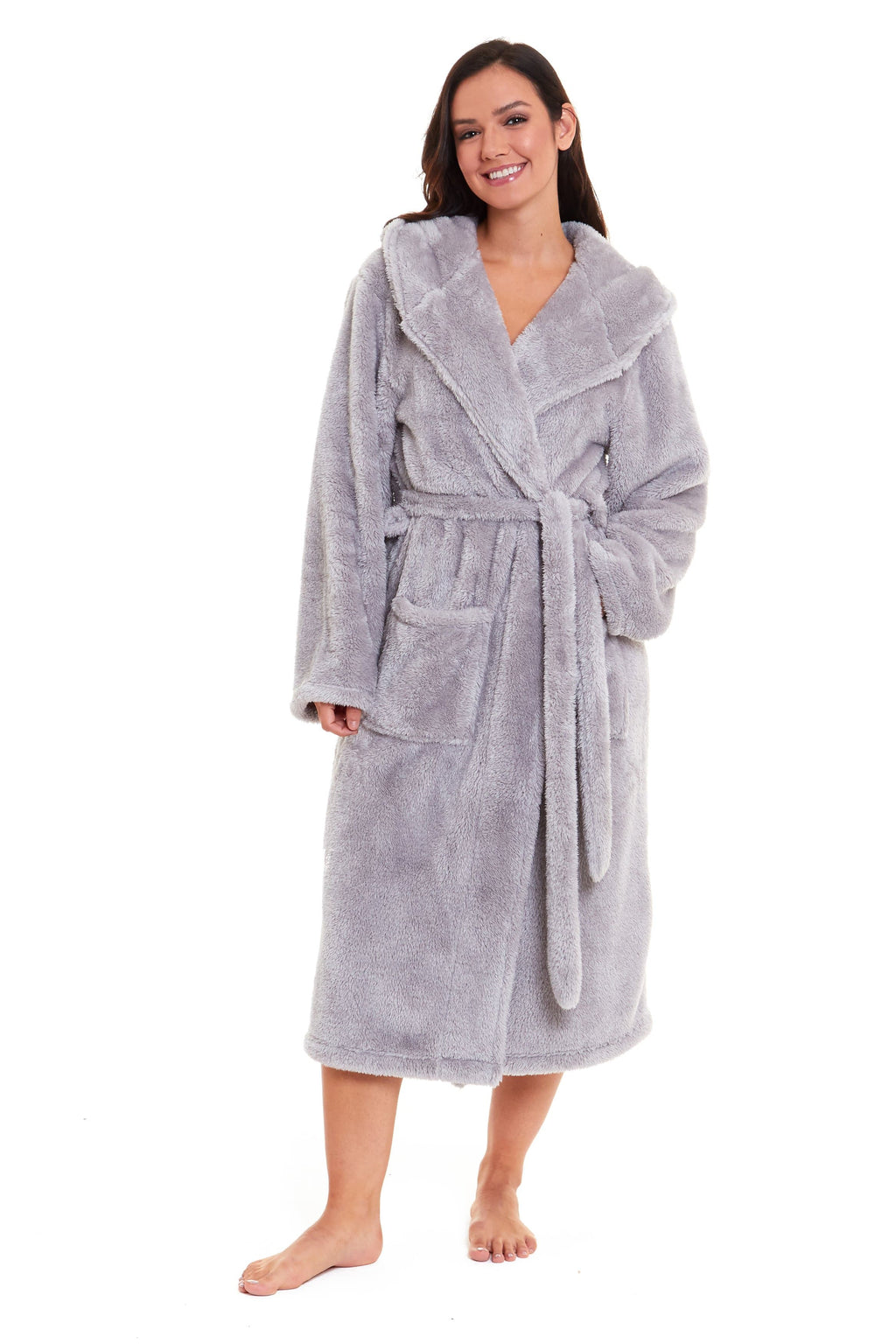 OLIVIA ROCCO Women's Hooded Dressing Gown – Grey Velvet Touch Fleece Robe