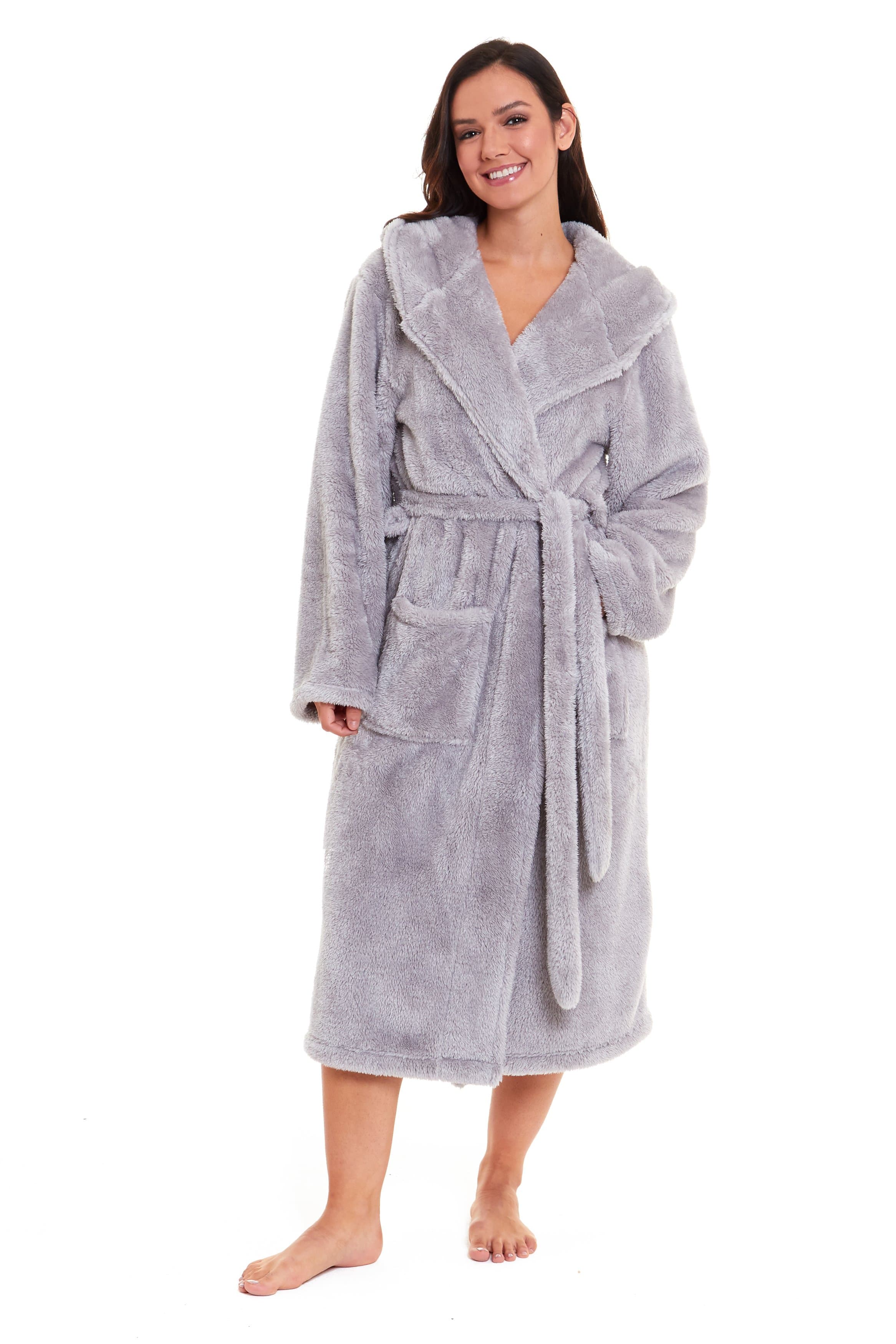 OLIVIA ROCCO Women's Hooded Dressing Gown – Grey Velvet Touch Fleece Robe