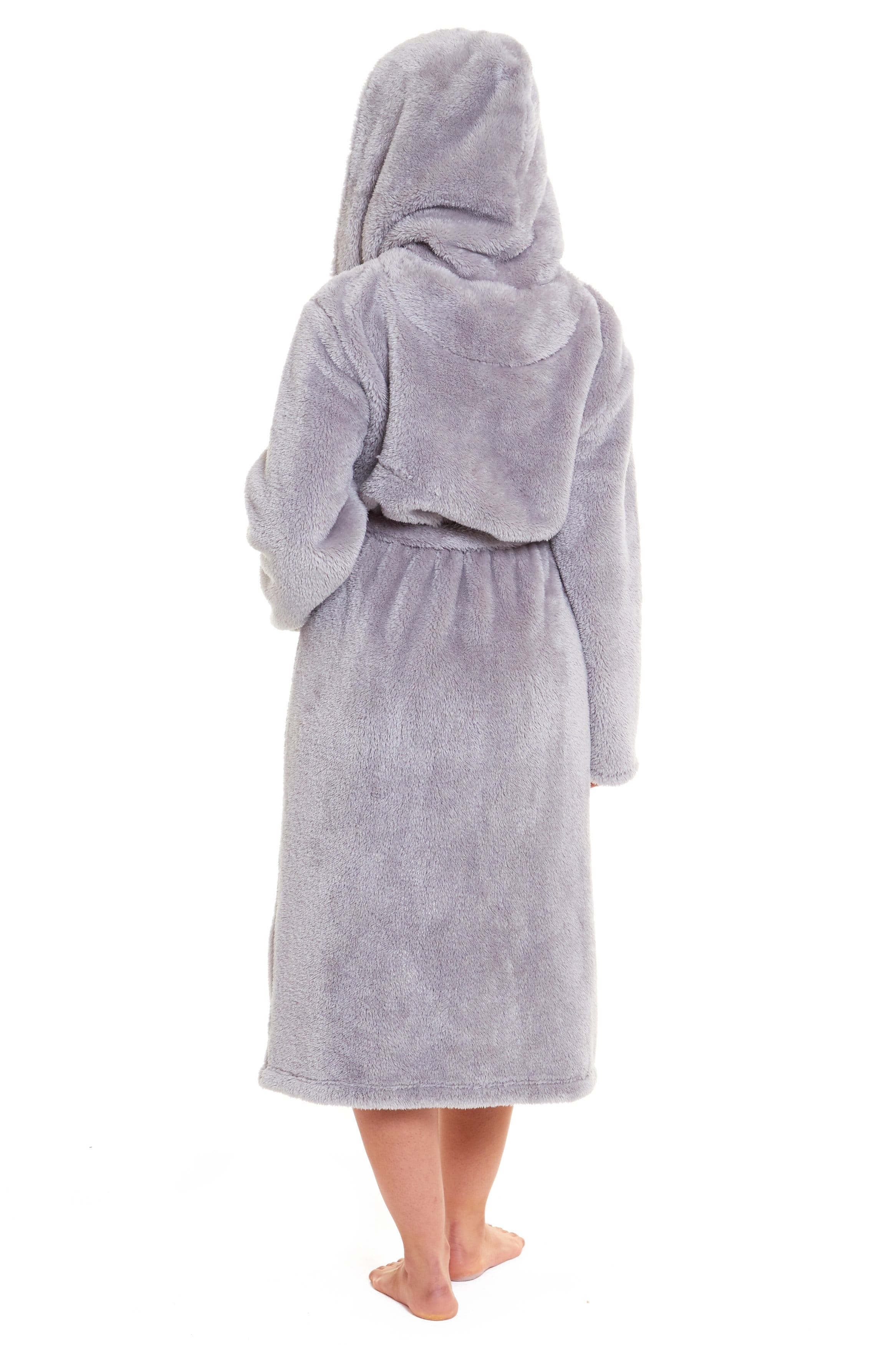 OLIVIA ROCCO Women's Hooded Dressing Gown – Grey Velvet Touch Fleece Robe