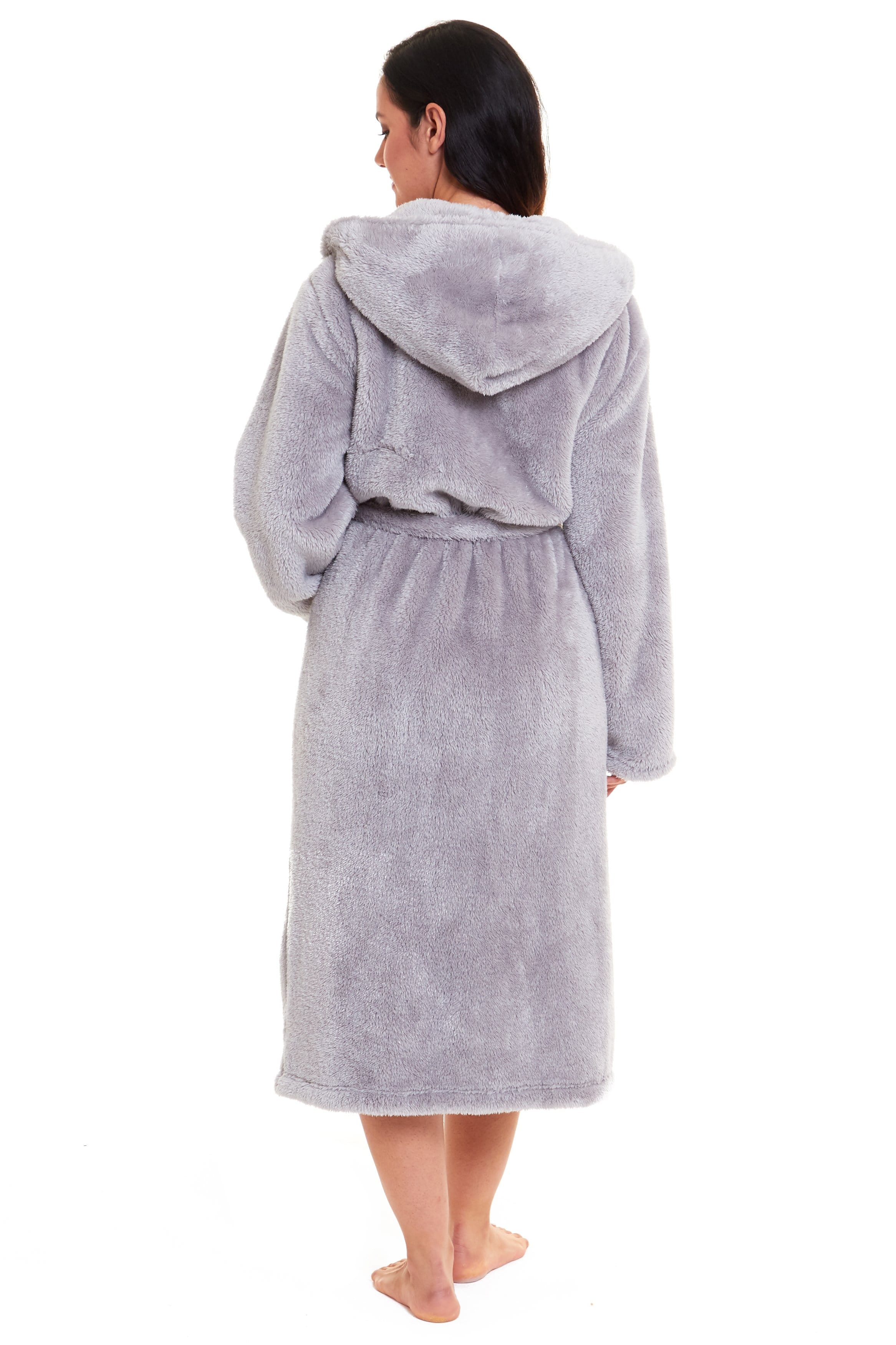 OLIVIA ROCCO Women's Hooded Dressing Gown – Grey Velvet Touch Fleece Robe