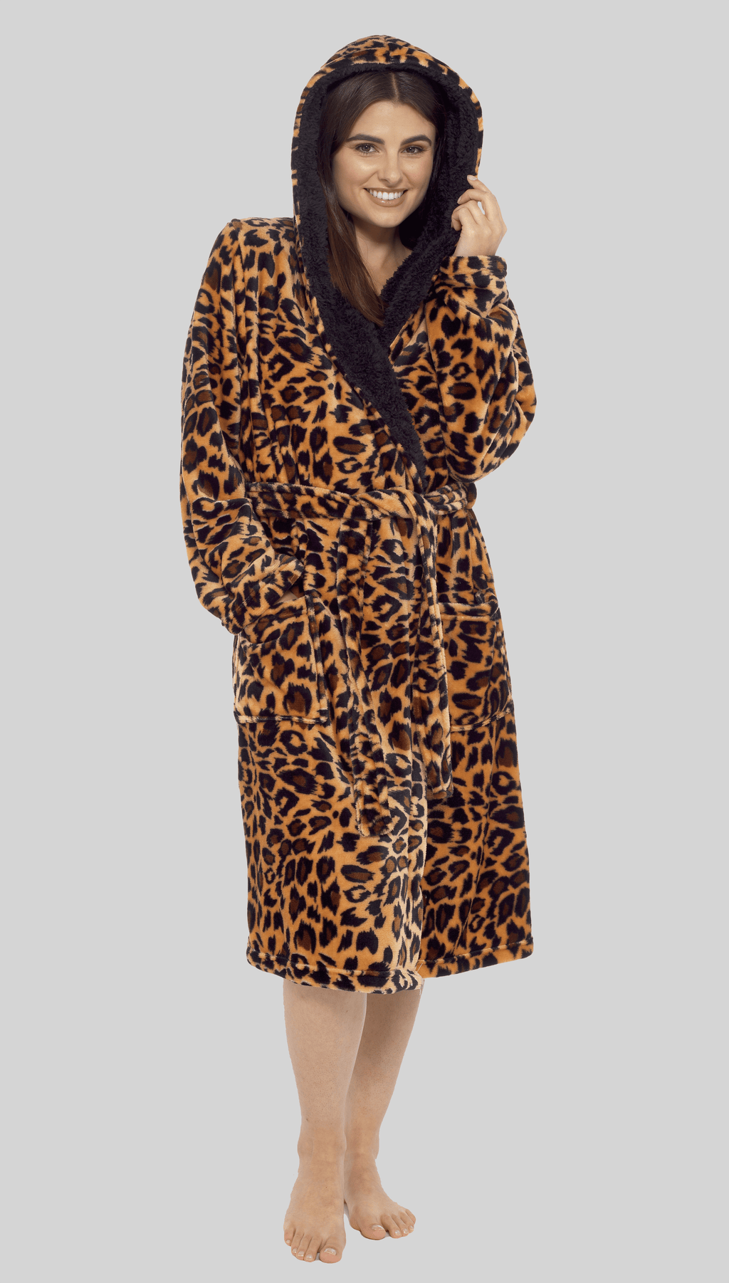 OLIVIA ROCCO Women's Leopard Plush Fleece Hooded Robe | Sherpa Lined