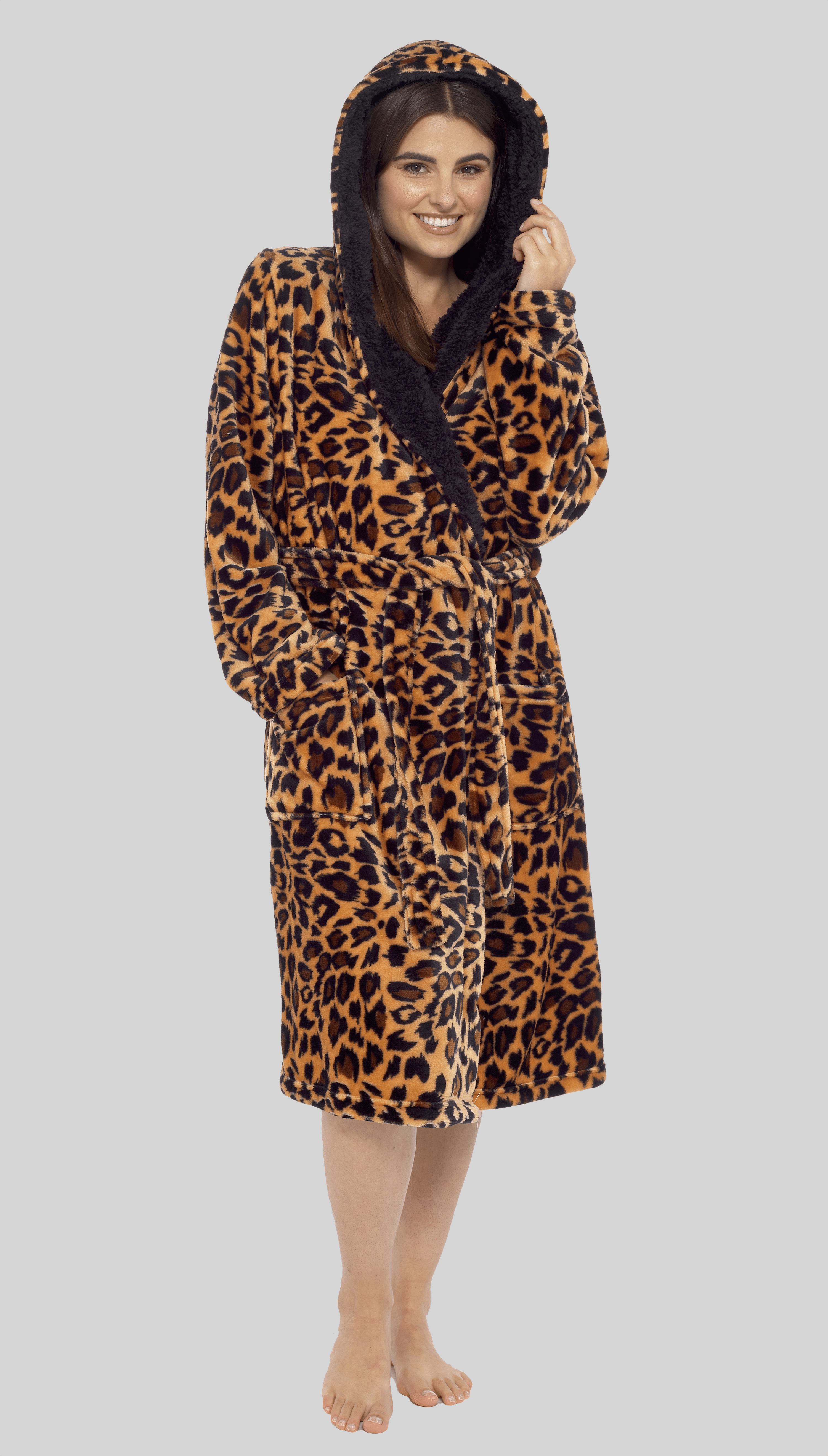 OLIVIA ROCCO Women's Leopard Plush Fleece Hooded Robe | Sherpa Lined
