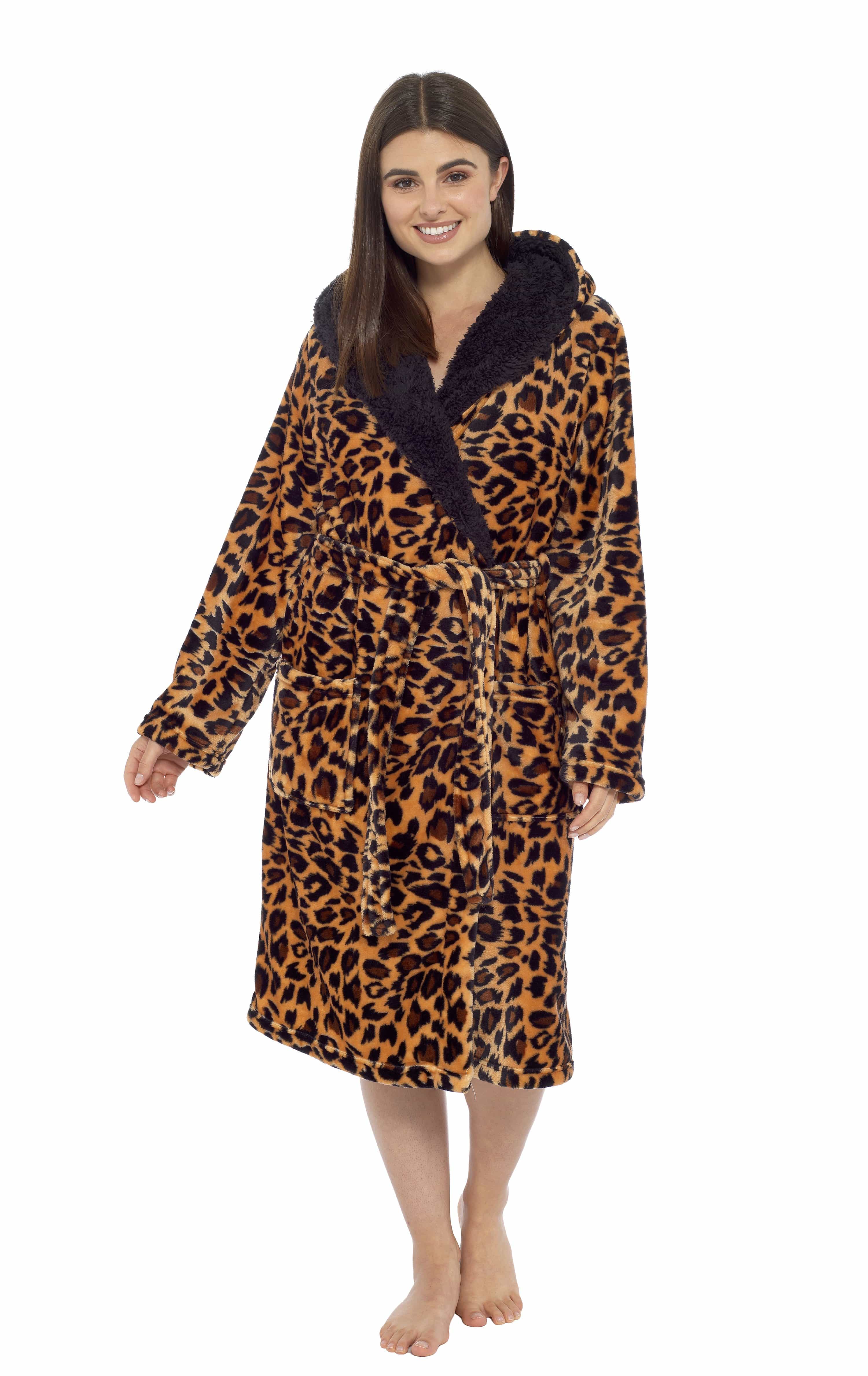 OLIVIA ROCCO Women's Leopard Plush Fleece Hooded Robe | Sherpa Lined