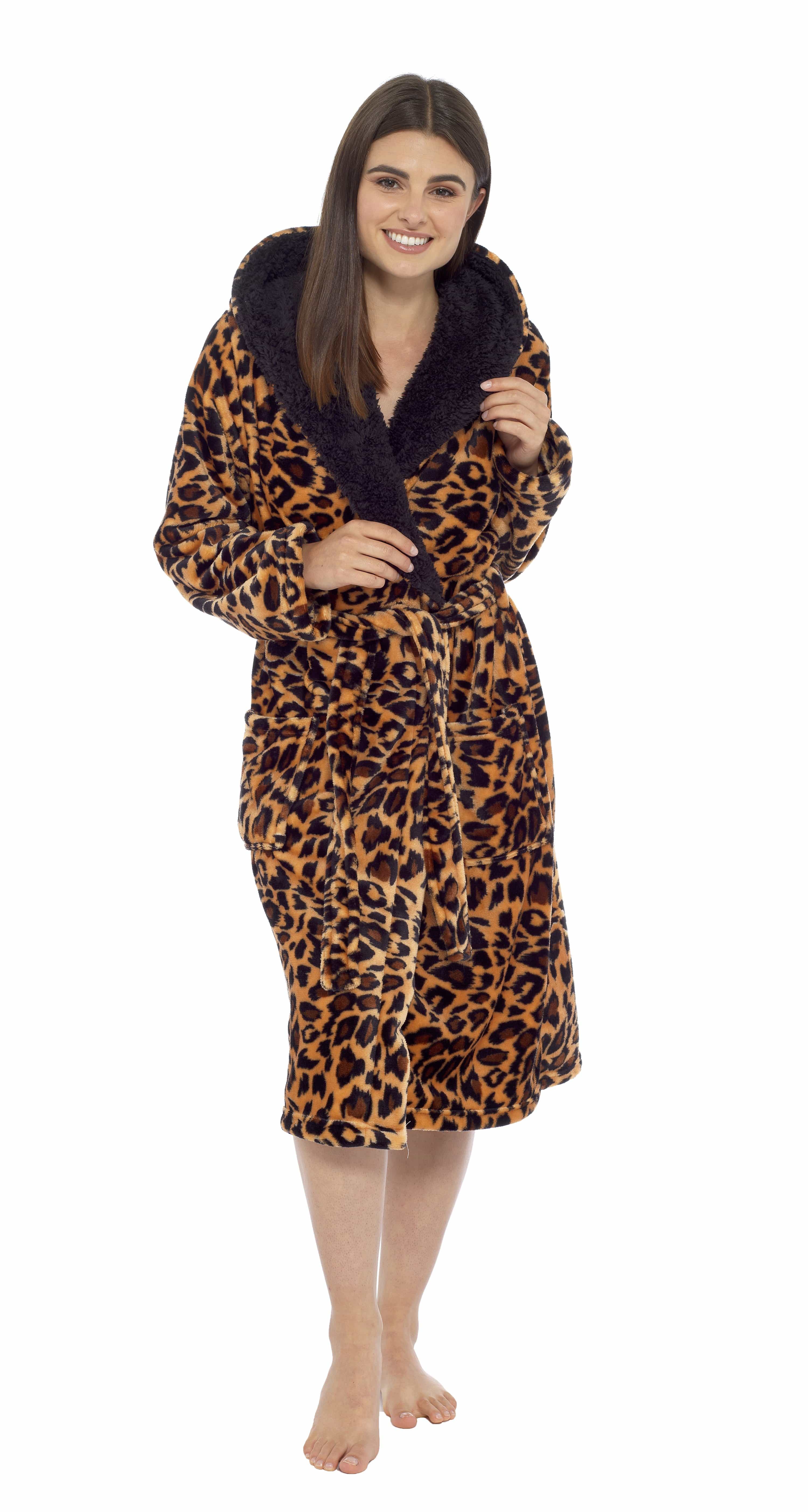 OLIVIA ROCCO Women's Leopard Plush Fleece Hooded Robe | Sherpa Lined
