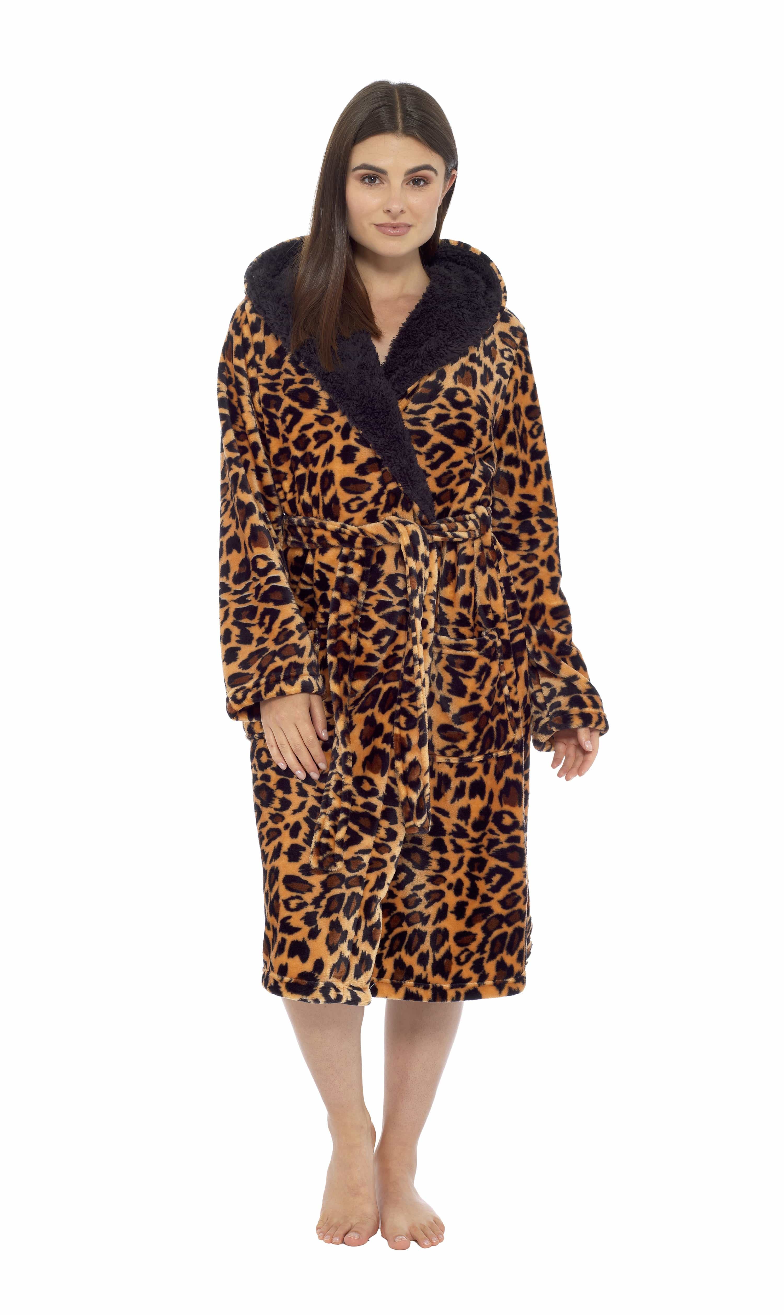OLIVIA ROCCO Women's Leopard Plush Fleece Hooded Robe | Sherpa Lined