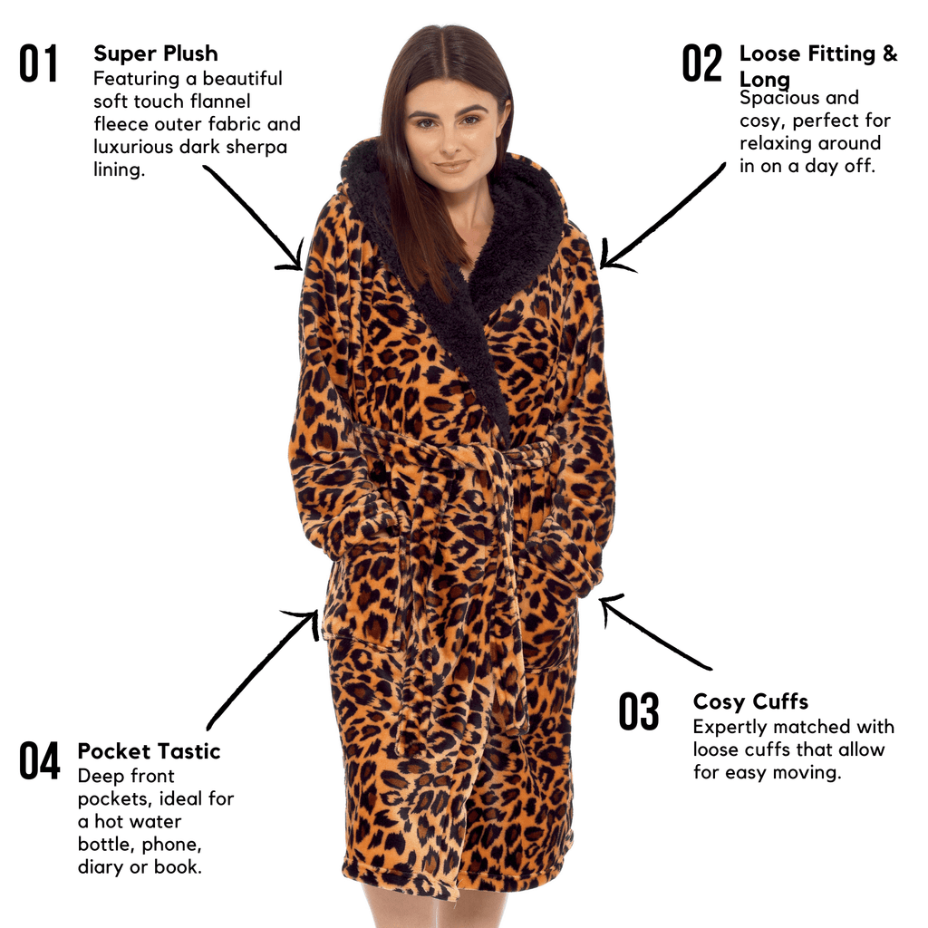 OLIVIA ROCCO Women's Leopard Plush Fleece Hooded Robe | Sherpa Lined