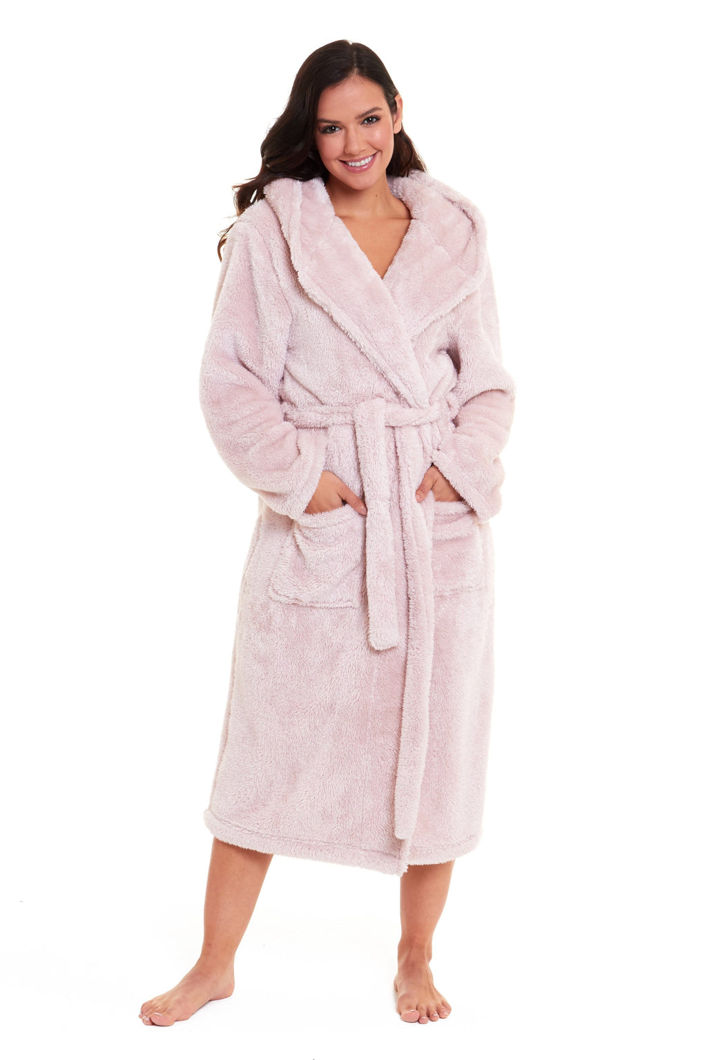 OLIVIA ROCCO Women's Pink Velvet Touch Fleece Hooded Dressing Gown Robe