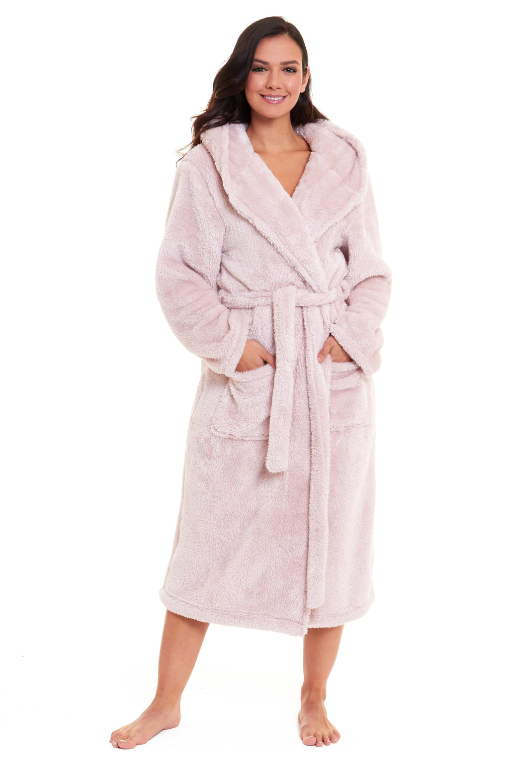 OLIVIA ROCCO Women's Pink Velvet Touch Fleece Hooded Dressing Gown Robe