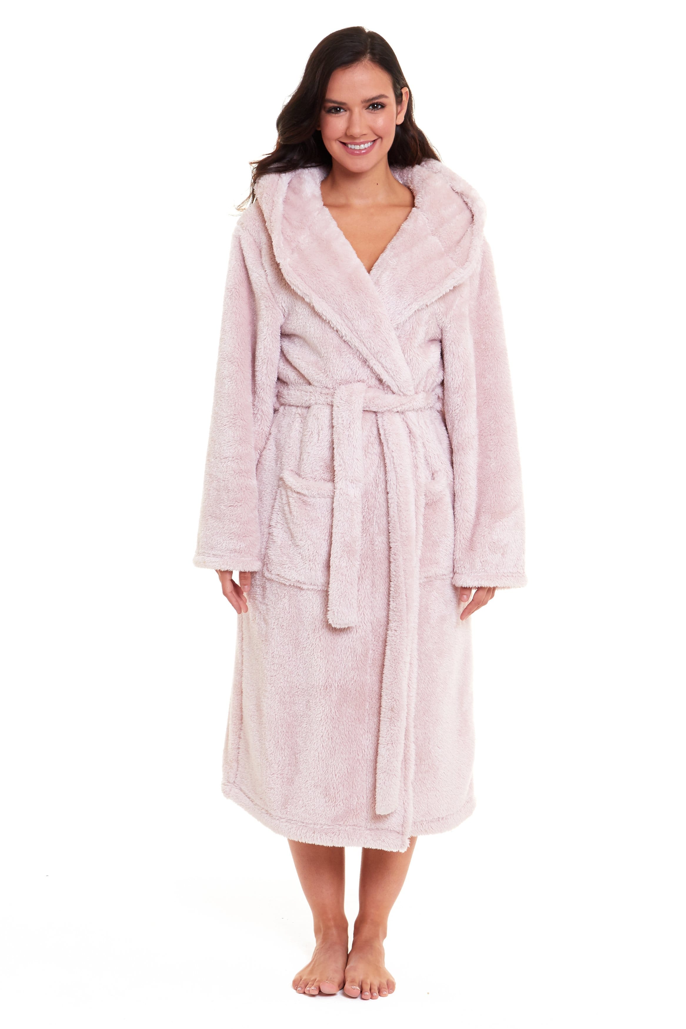 OLIVIA ROCCO Women's Pink Velvet Touch Fleece Hooded Dressing Gown Robe