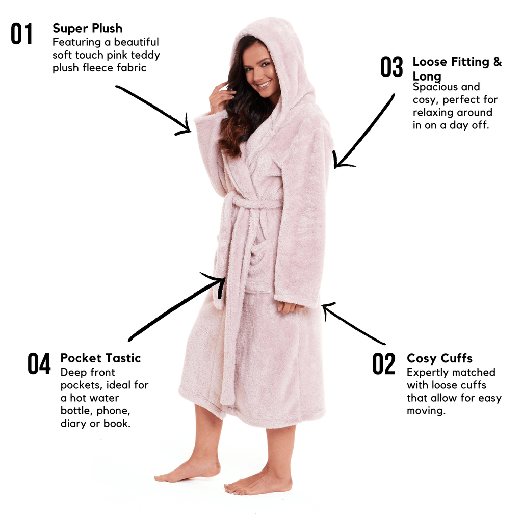 OLIVIA ROCCO Women's Pink Velvet Touch Fleece Hooded Dressing Gown Robe