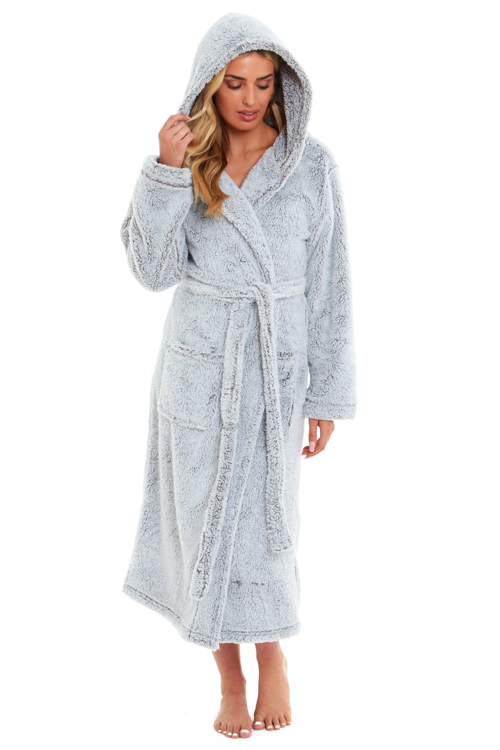 OLIVIA ROCCO Women's Hooded Dressing Gown – Shimmer Grey Velvet Fleece Robe
