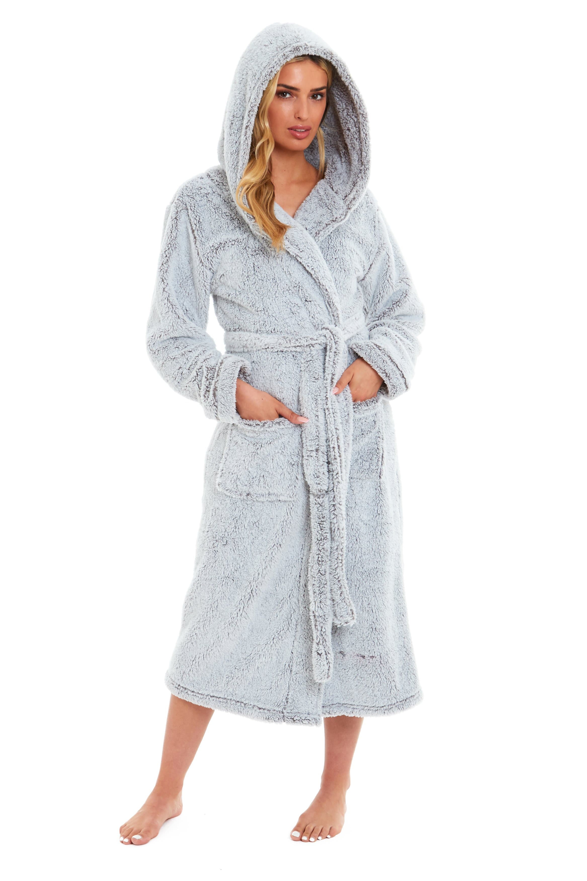 OLIVIA ROCCO Women's Hooded Dressing Gown – Shimmer Grey Velvet Fleece Robe