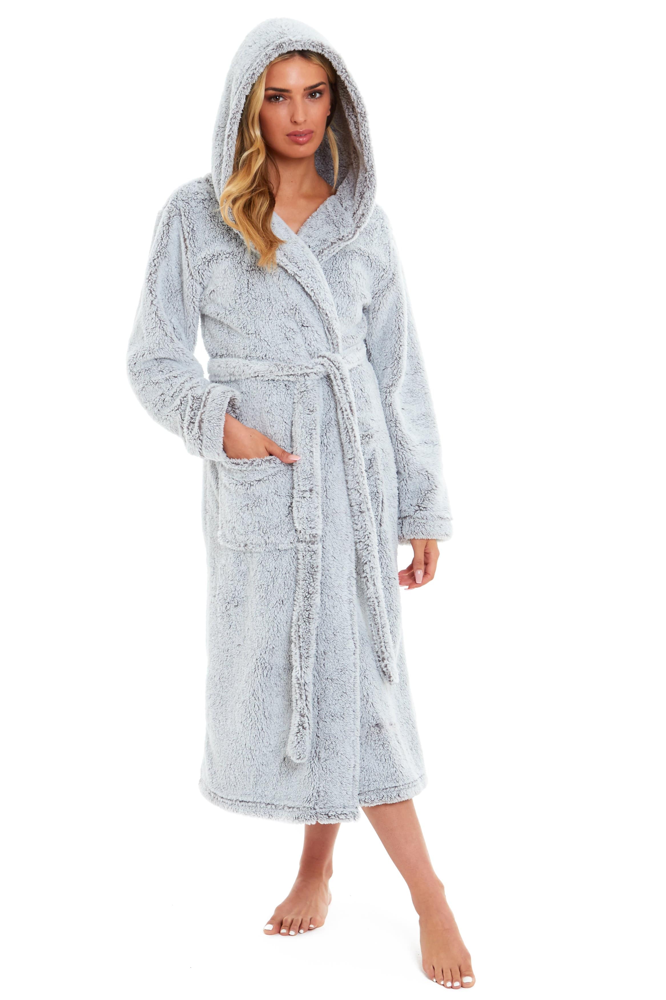 OLIVIA ROCCO Women's Hooded Dressing Gown – Shimmer Grey Velvet Fleece Robe