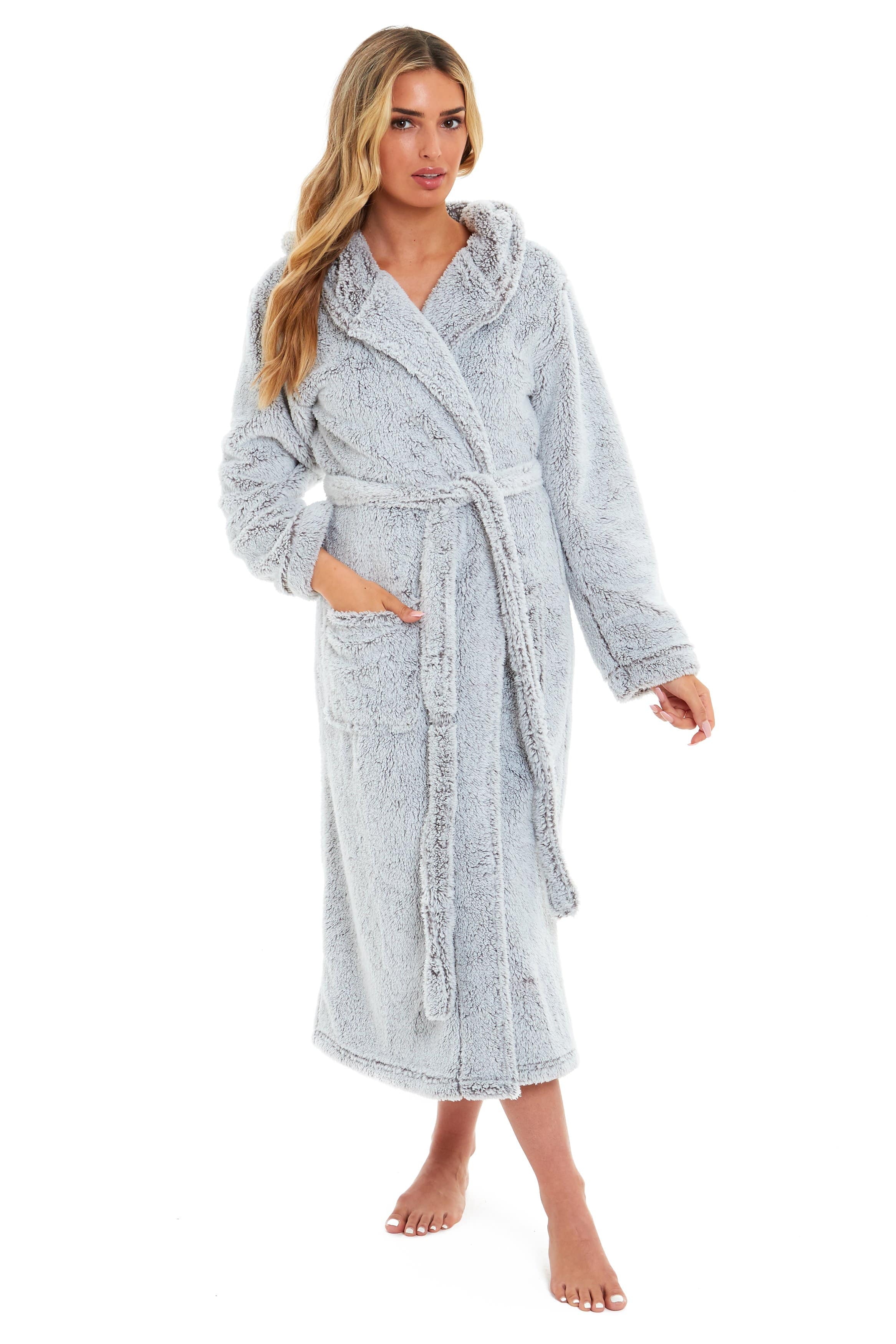 OLIVIA ROCCO Women's Hooded Dressing Gown – Shimmer Grey Velvet Fleece Robe