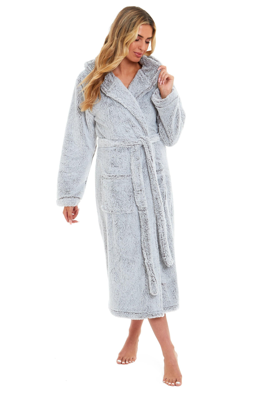 OLIVIA ROCCO Women's Hooded Dressing Gown – Shimmer Grey Velvet Fleece Robe