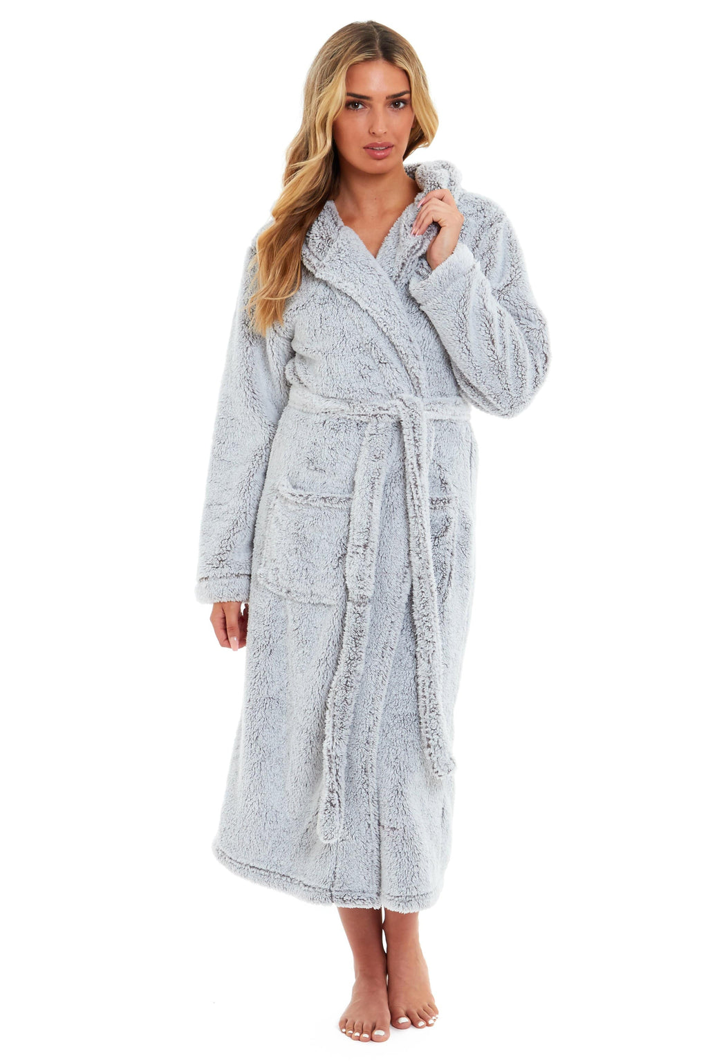OLIVIA ROCCO Women's Hooded Dressing Gown – Shimmer Grey Velvet Fleece Robe