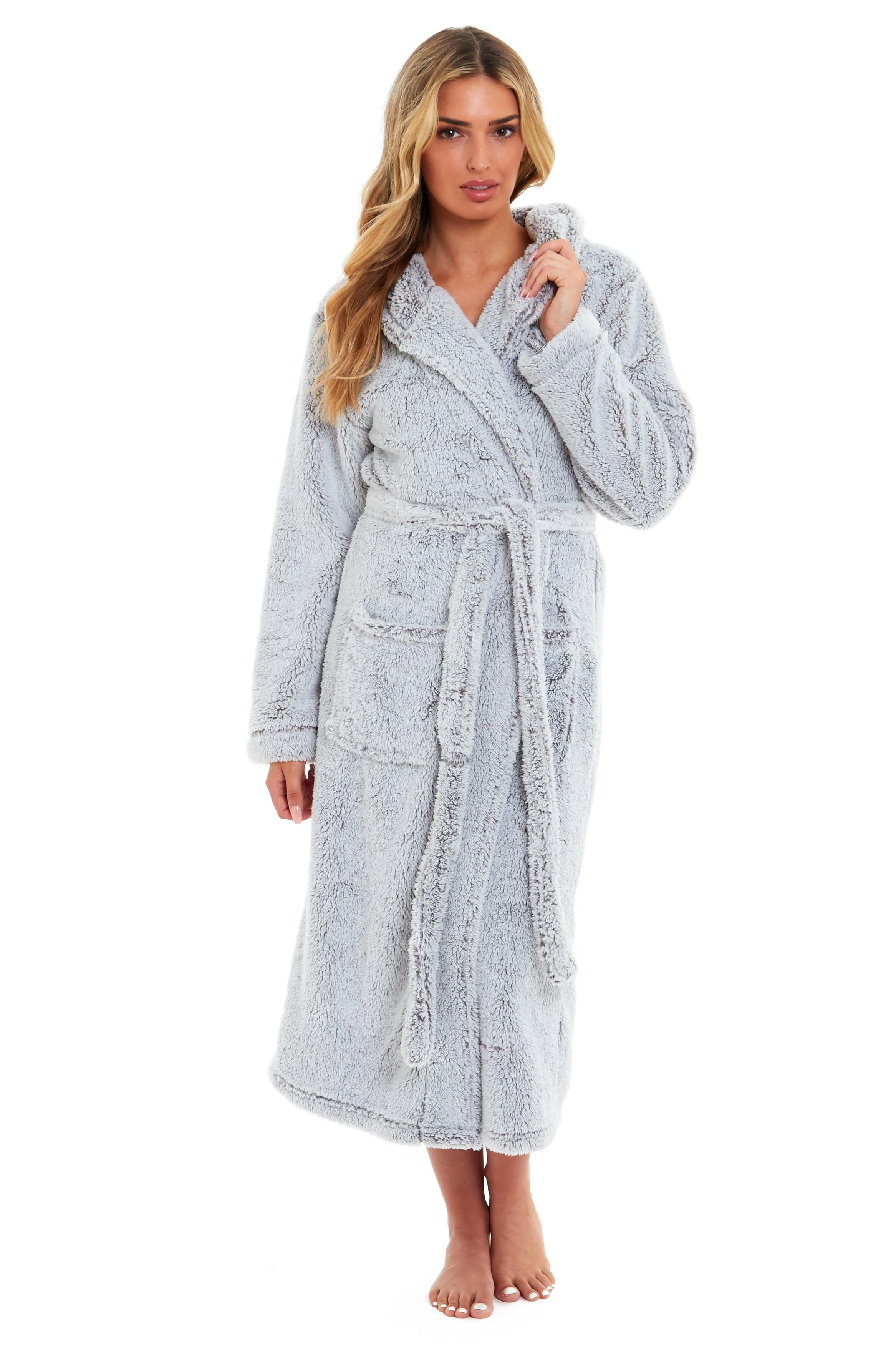 OLIVIA ROCCO Women's Hooded Dressing Gown – Shimmer Grey Velvet Fleece Robe