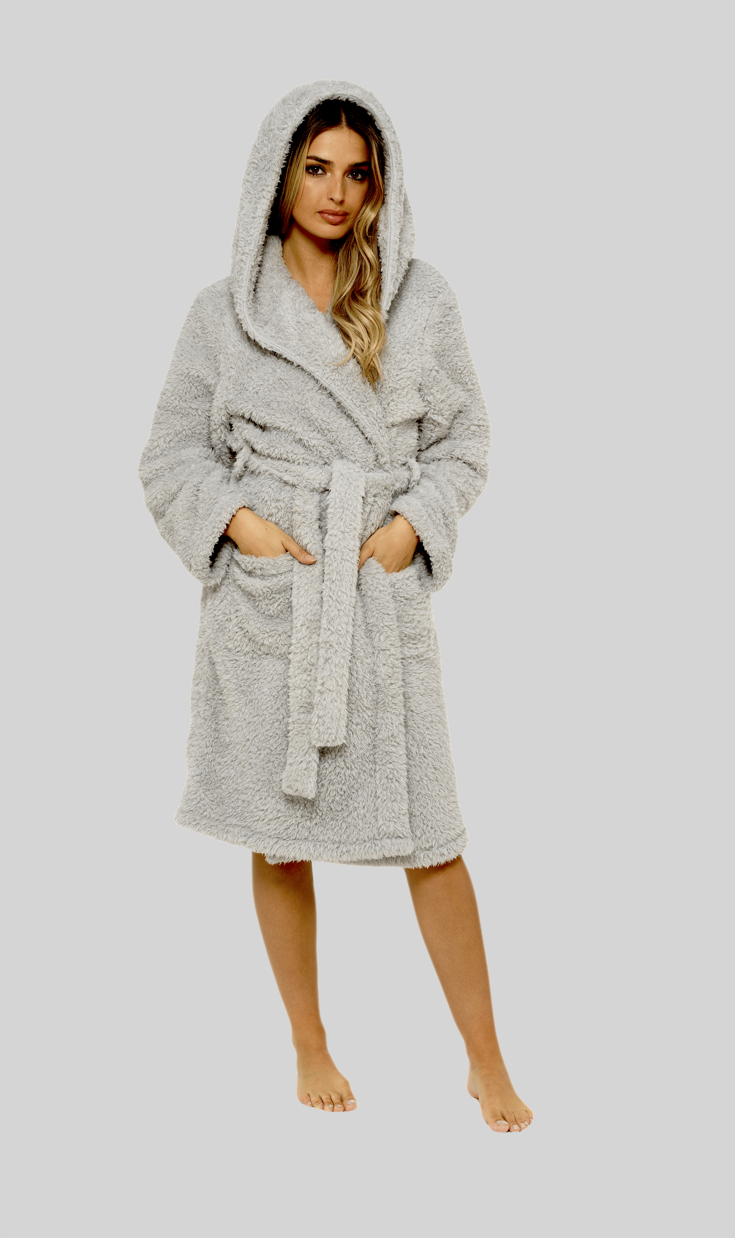 OLIVIA ROCCO Women's Teddy Fleece Hooded Robe – Grey Sherpa Lined