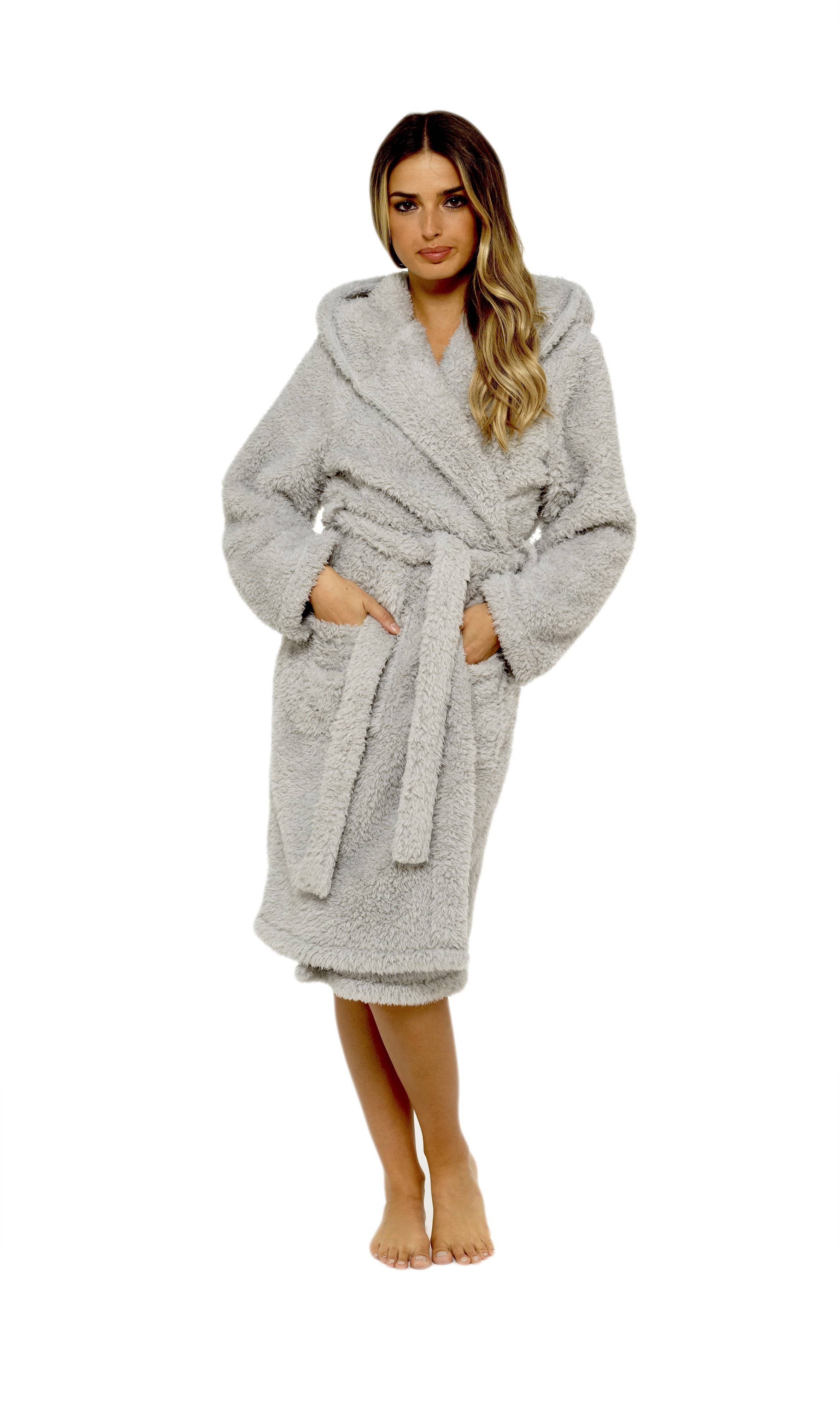 OLIVIA ROCCO Women's Teddy Fleece Hooded Robe – Grey Sherpa Lined