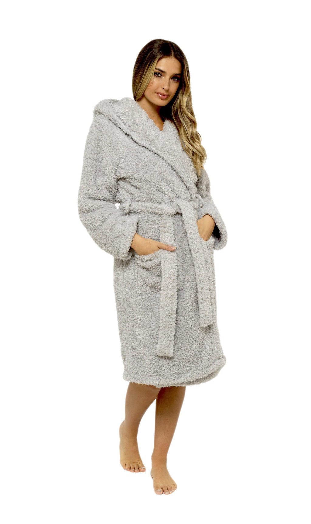 OLIVIA ROCCO Women's Teddy Fleece Hooded Robe – Grey Sherpa Lined