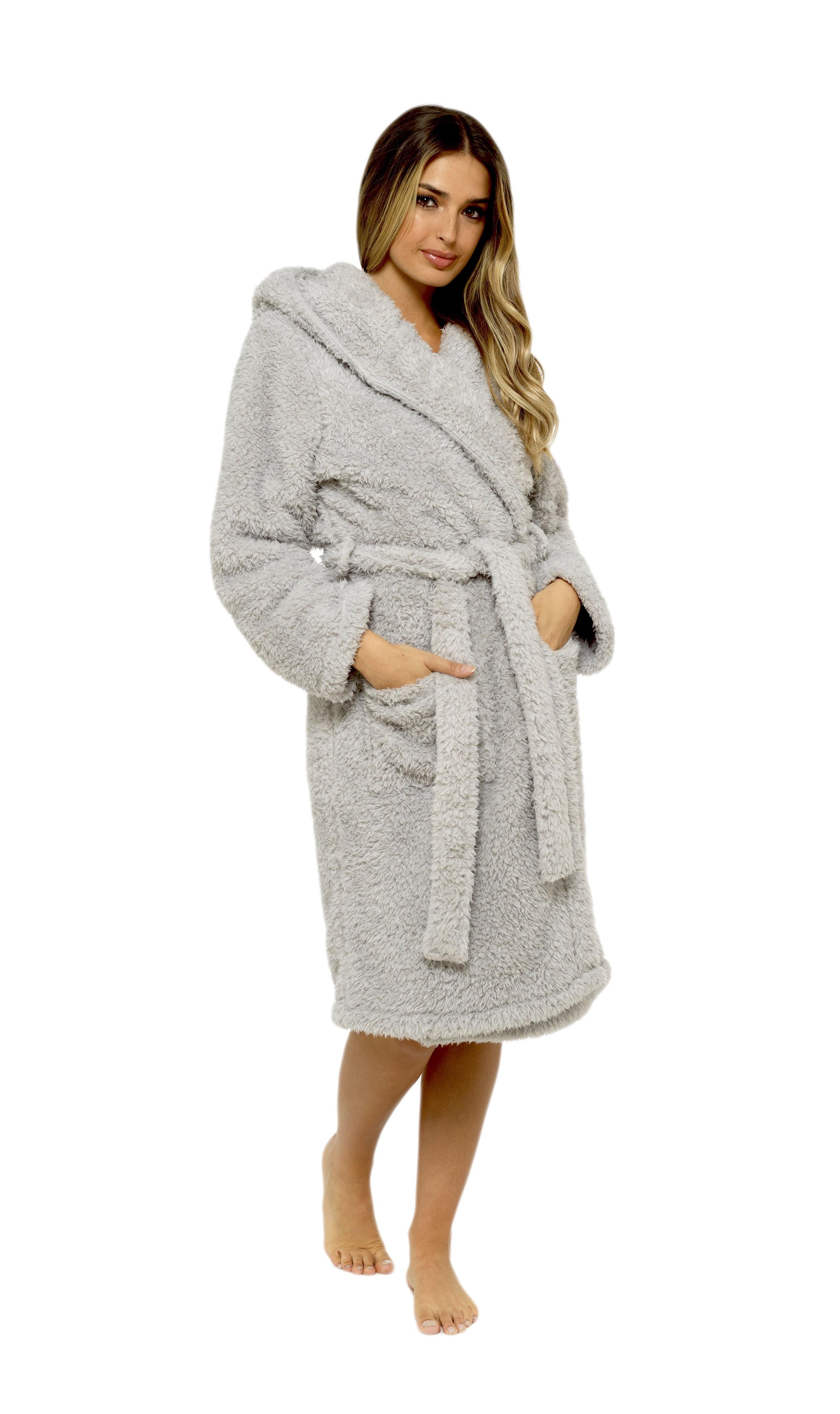 OLIVIA ROCCO Women's Teddy Fleece Hooded Robe – Grey Sherpa Lined