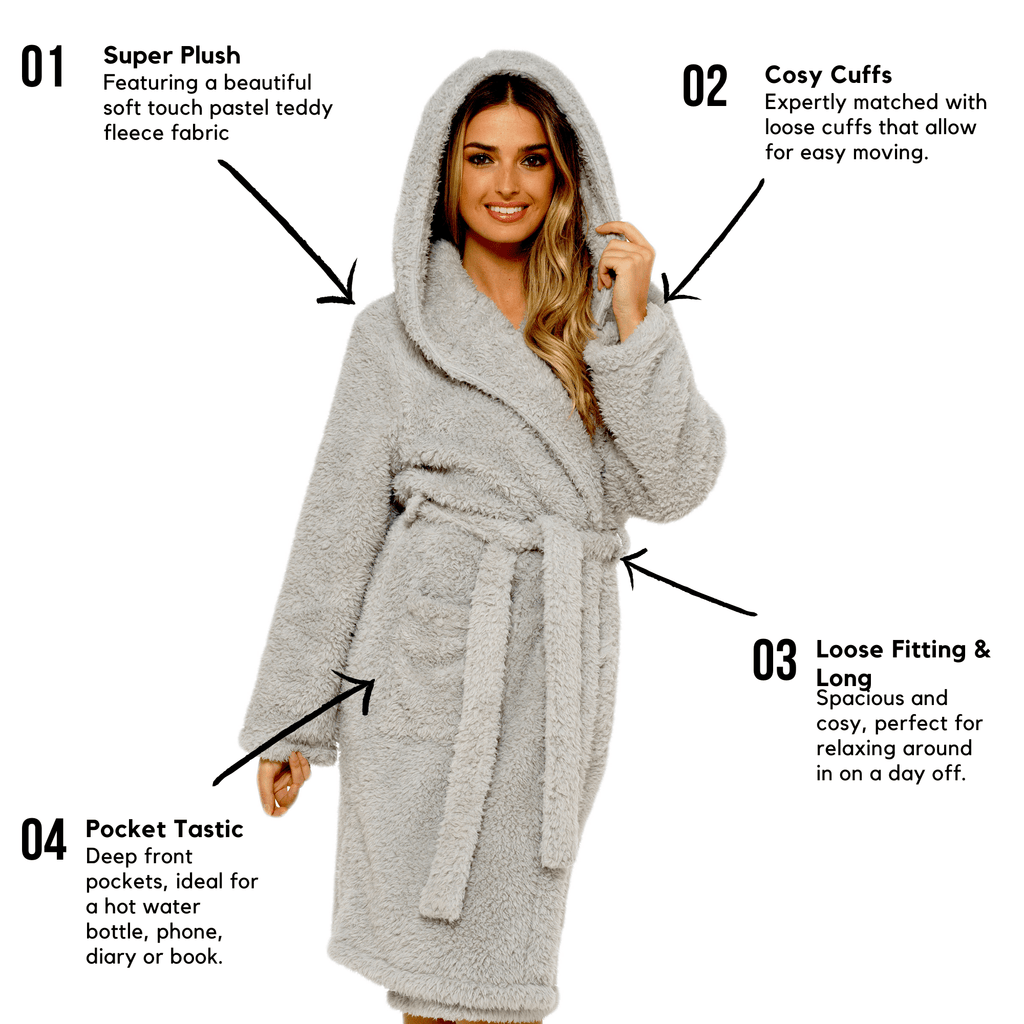 OLIVIA ROCCO Women's Teddy Fleece Hooded Robe – Grey Sherpa Lined