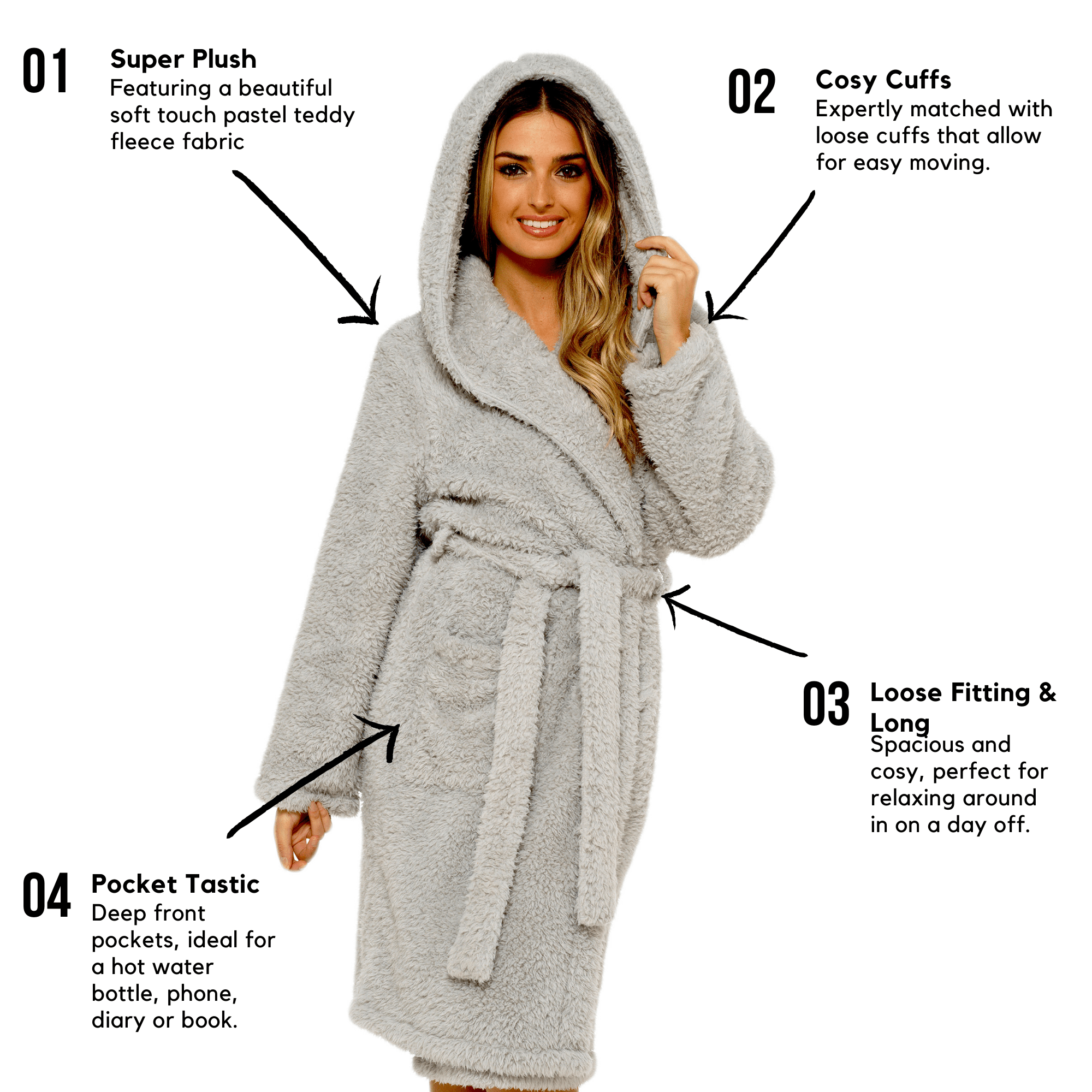 OLIVIA ROCCO Women's Teddy Fleece Hooded Robe – Grey Sherpa Lined