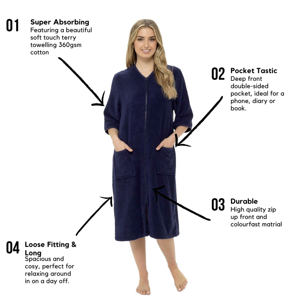 OLIVIA ROCCO Women's Terry Towelling Zip-Up Bathrobe | 100% Cotton Robe