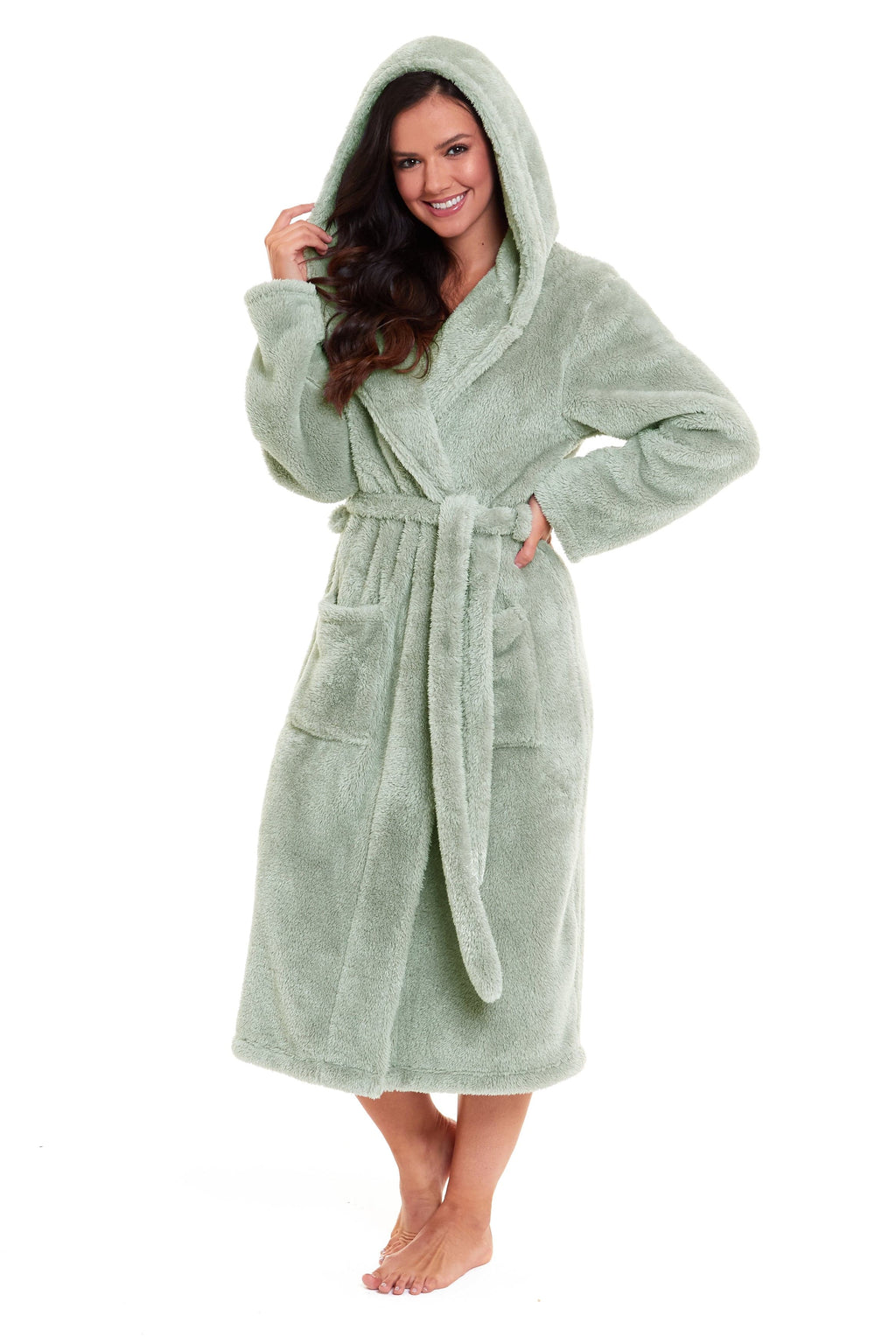 OLIVIA ROCCO Women's Sage Green Fleece Hooded Robe – Extra Long Dressing Gown