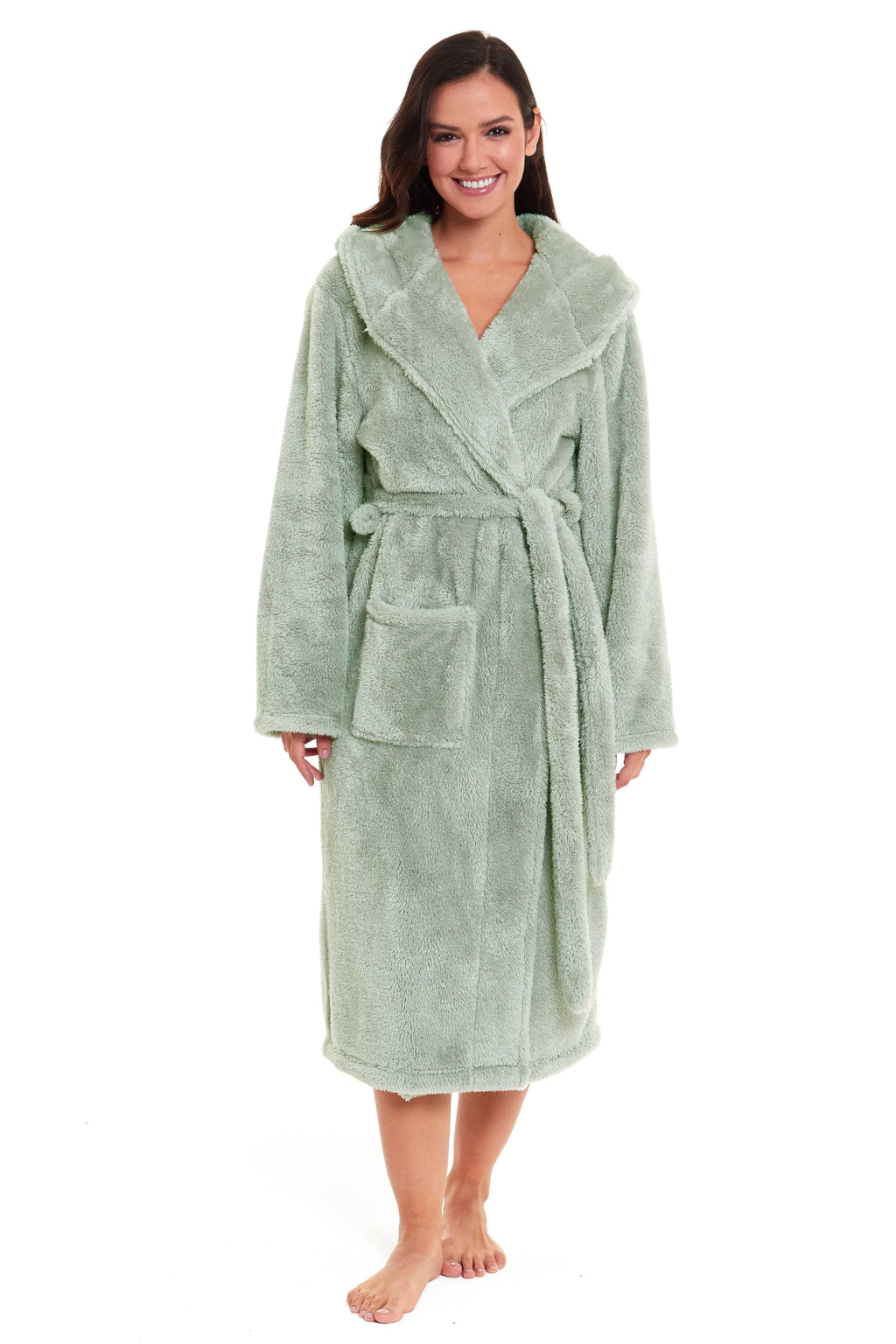 OLIVIA ROCCO Women's Sage Green Fleece Hooded Robe – Extra Long Dressing Gown
