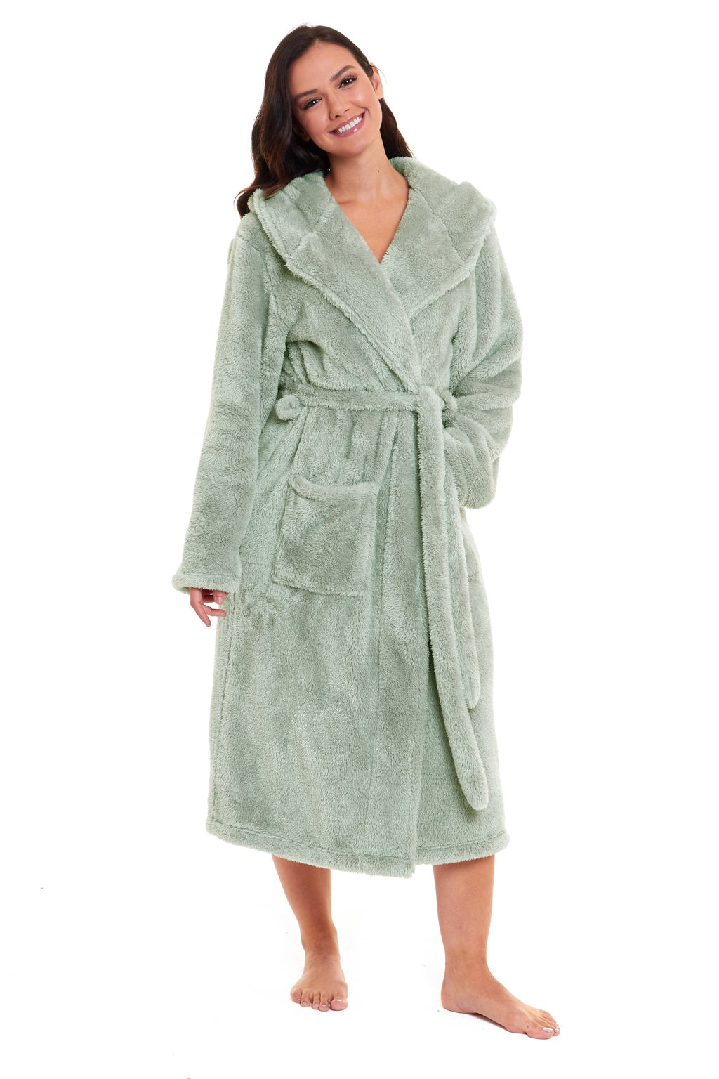 OLIVIA ROCCO Women's Sage Green Fleece Hooded Robe – Extra Long Dressing Gown