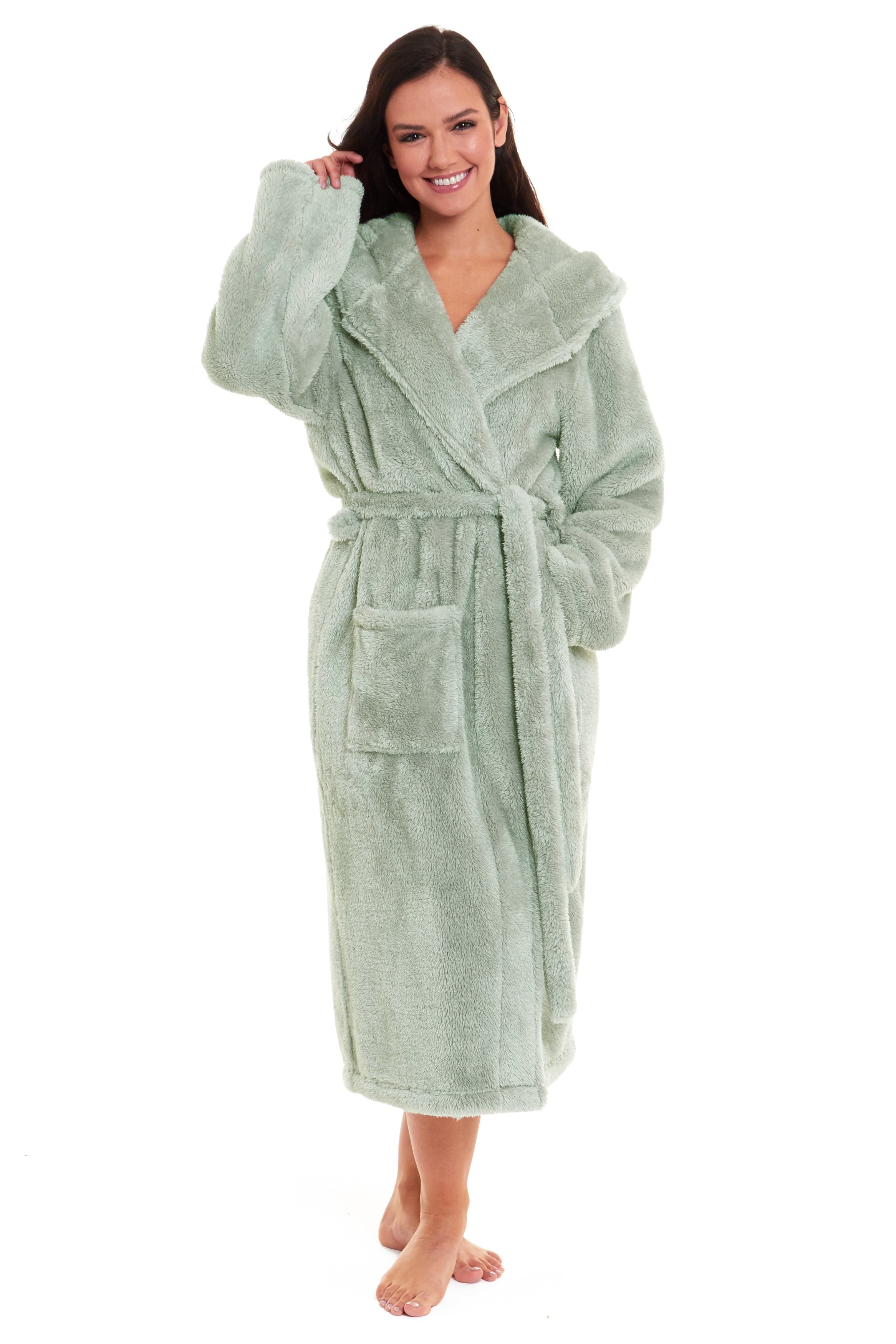 OLIVIA ROCCO Women's Sage Green Fleece Hooded Robe – Extra Long Dressing Gown