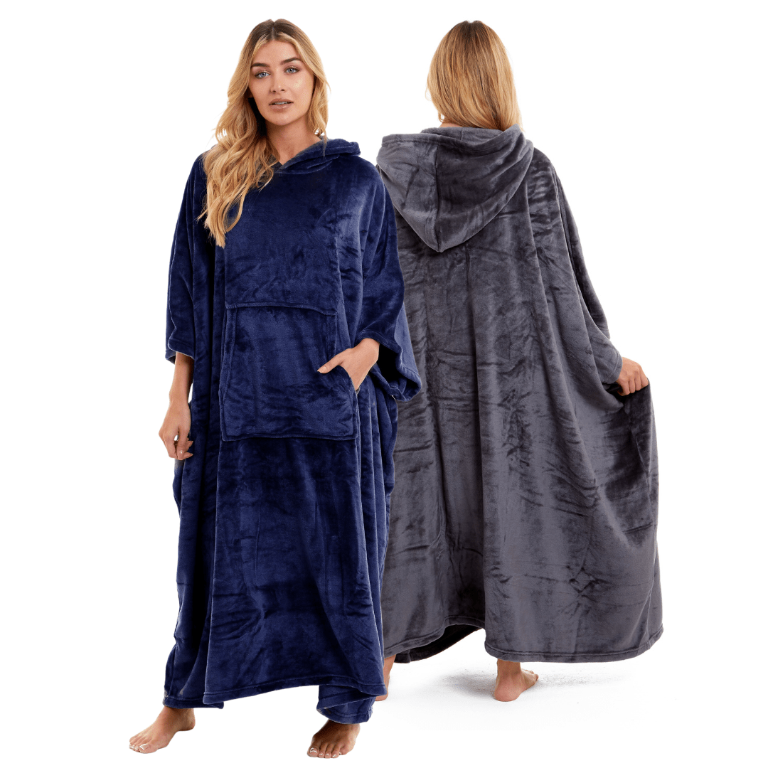 OLIVIA ROCCO Women's Oversized Hooded Poncho Blanket – Plush Fleece Navy