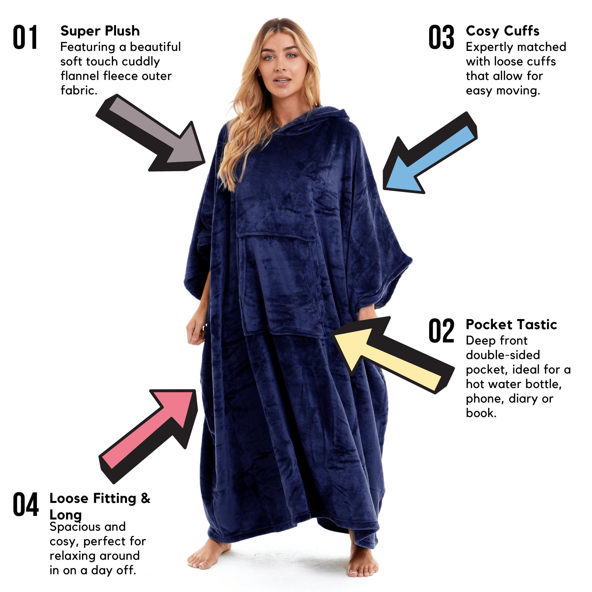 OLIVIA ROCCO Women's Oversized Hooded Poncho Blanket – Plush Fleece Navy