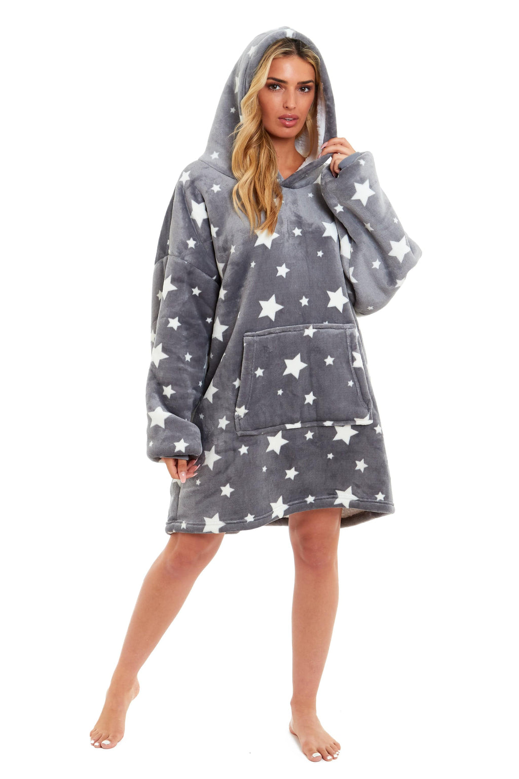 OLIVIA ROCCO Oversized Hooded Blanket – Grey Stars Sherpa Fleece Hoodie