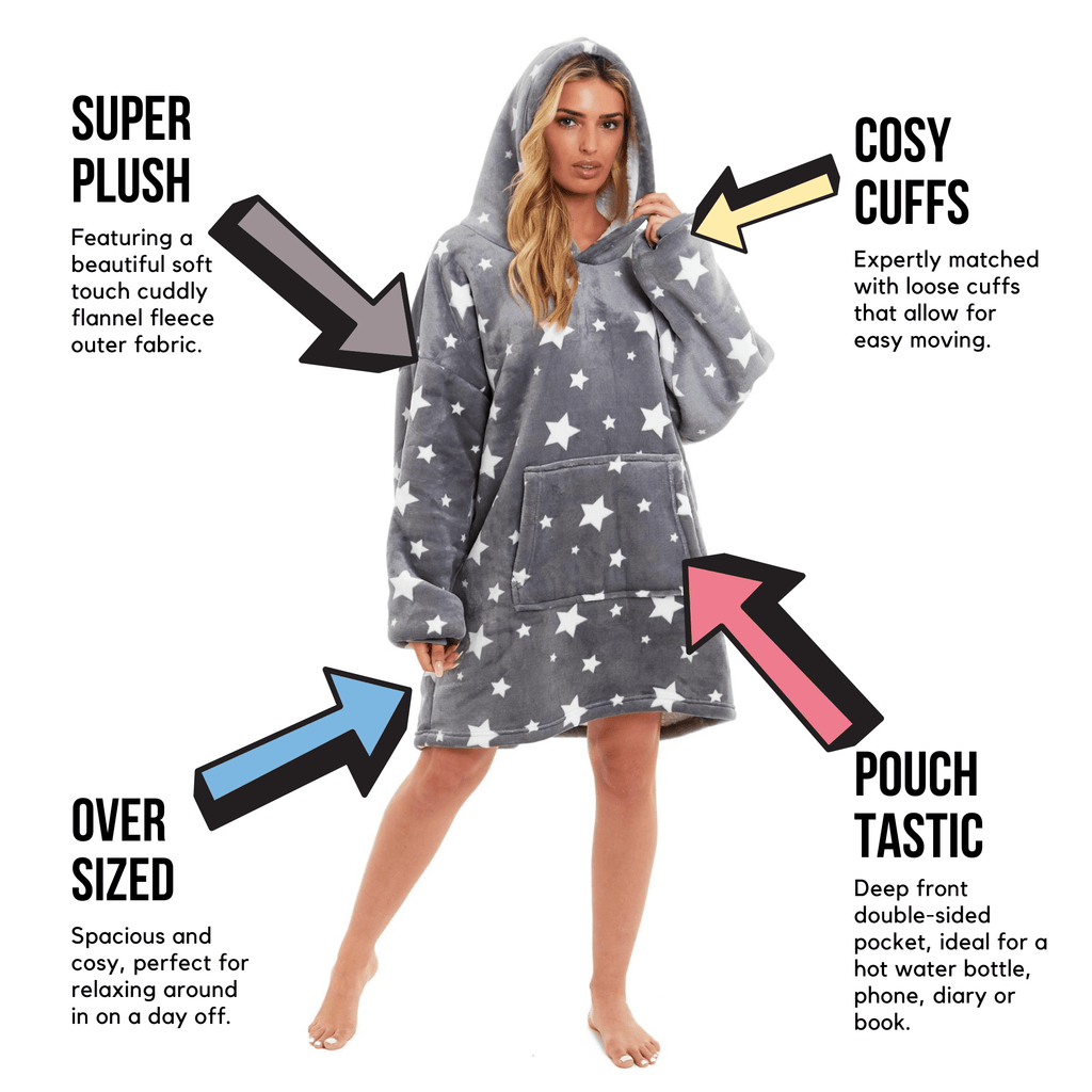 OLIVIA ROCCO Oversized Hooded Blanket – Grey Stars Sherpa Fleece Hoodie