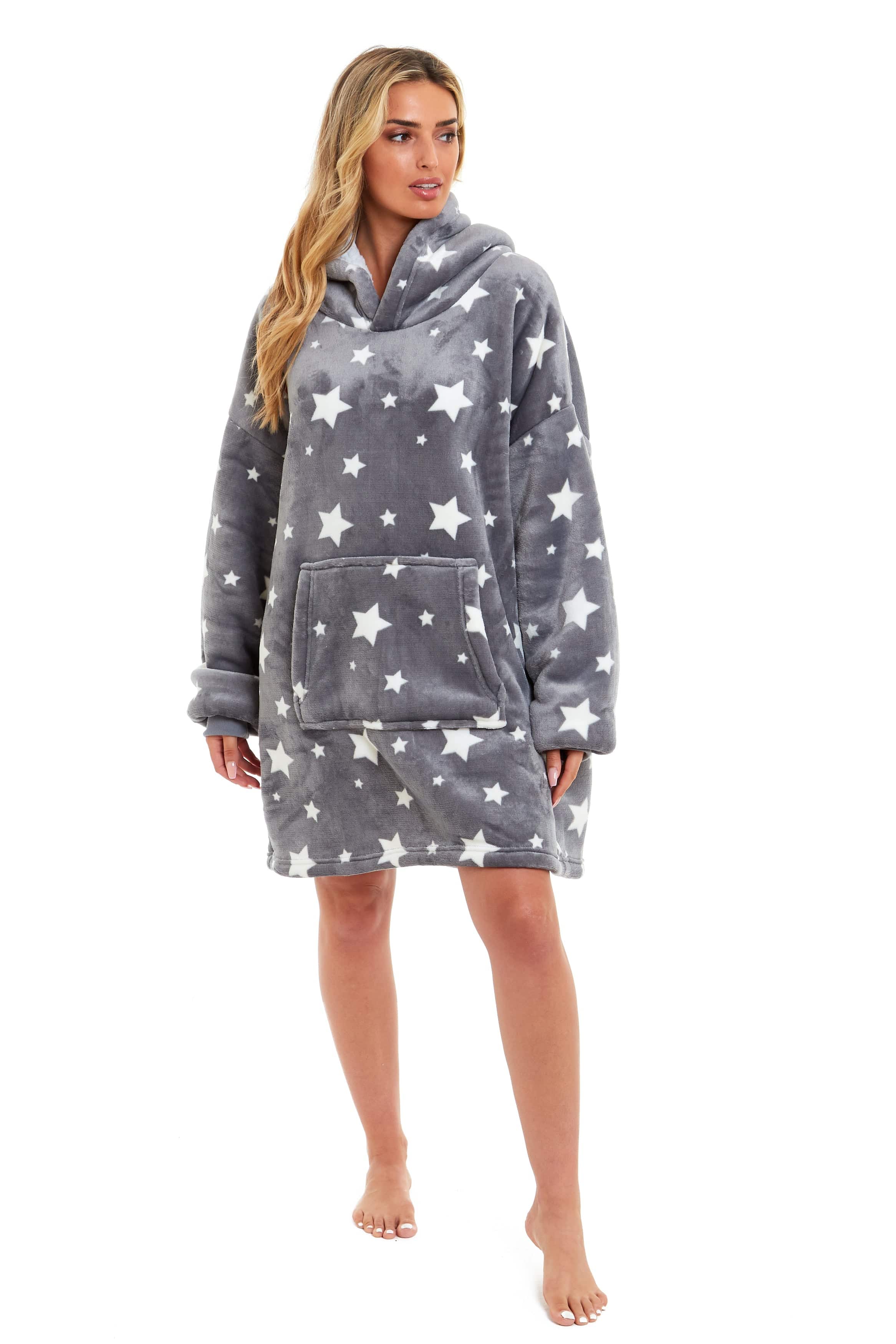 OLIVIA ROCCO Oversized Hooded Blanket – Grey Stars Sherpa Fleece Hoodie