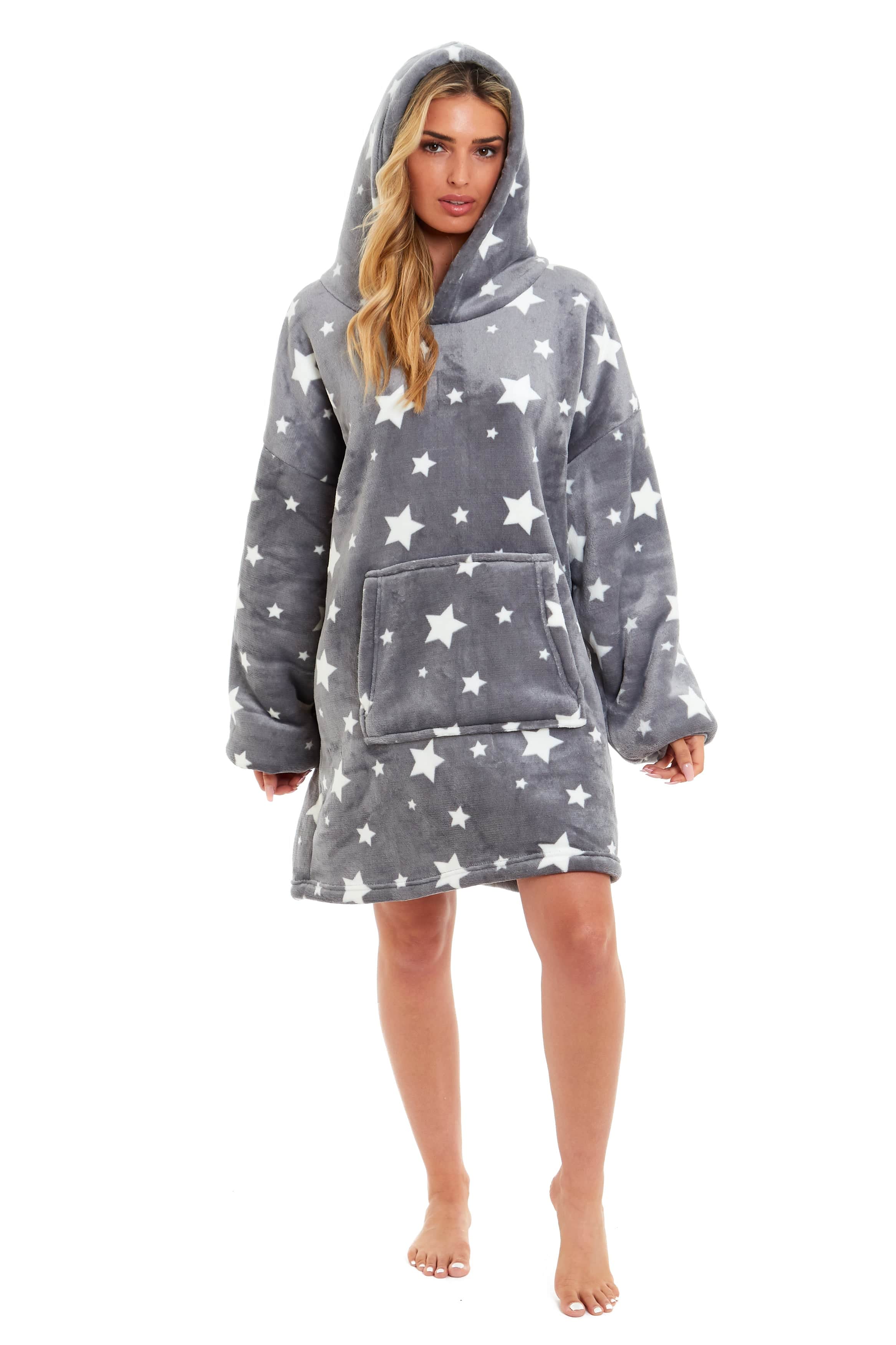 OLIVIA ROCCO Oversized Hooded Blanket – Grey Stars Sherpa Fleece Hoodie